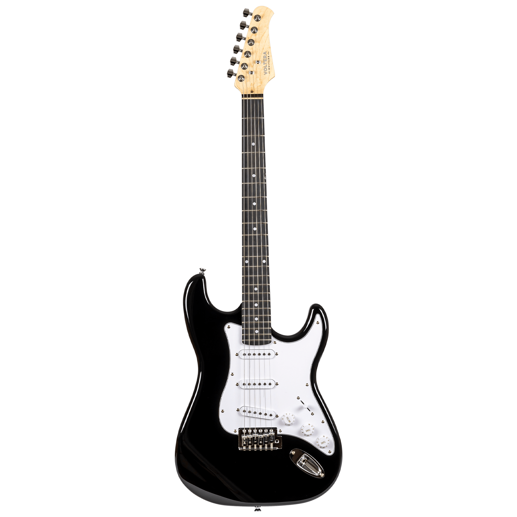 Black Voltera VS-300 electric guitar front view with white pickguard and three single-coil pickups.