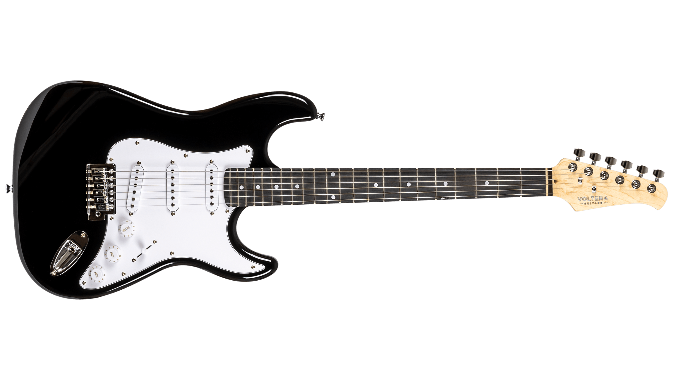 Full front view of the Voltera VS-300 BK electric guitar in high-gloss black with a white pickguard and triple single-coil pickups.