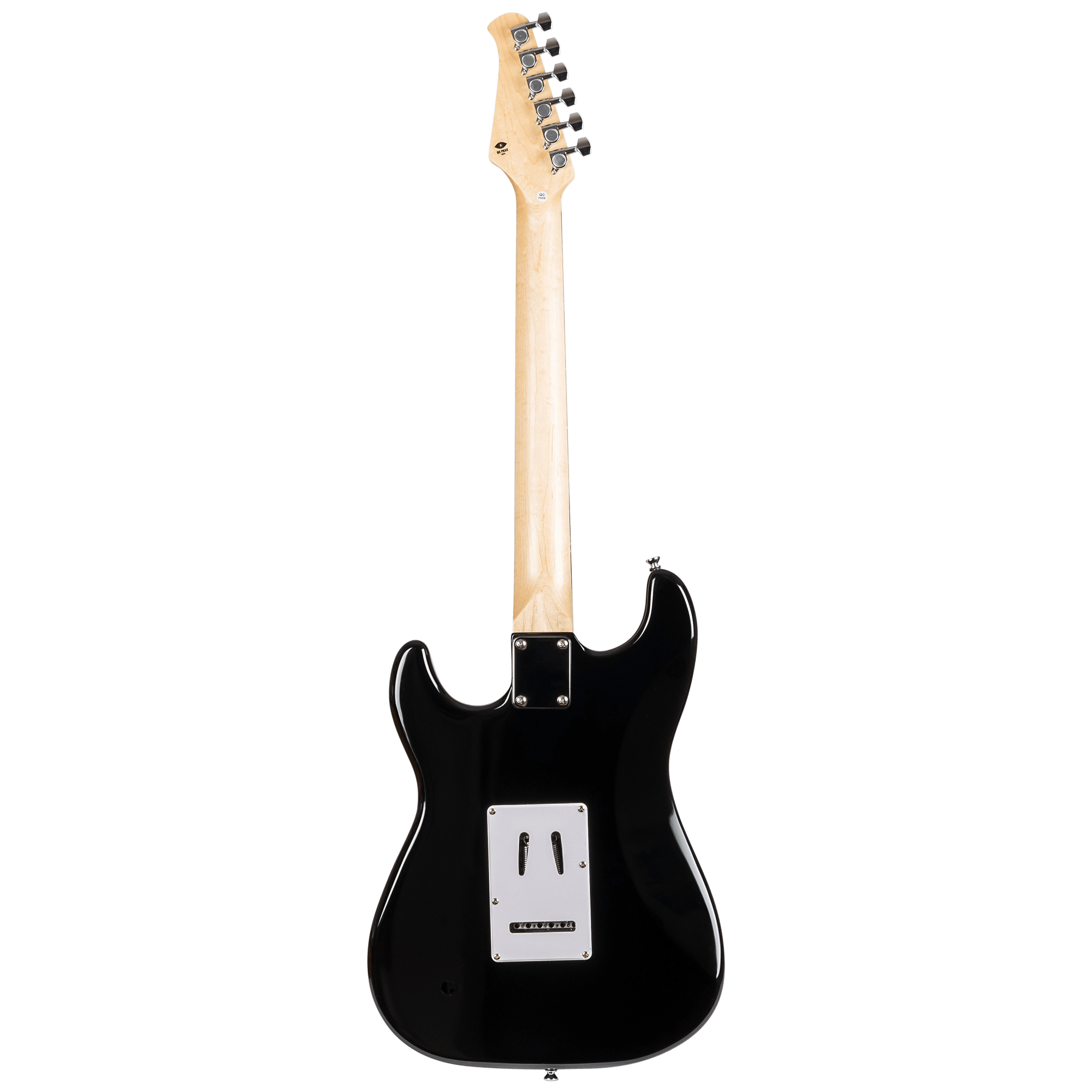 Back view of Voltera VS-300 BK black electric guitar showing contoured body and bolt-on neck plate.