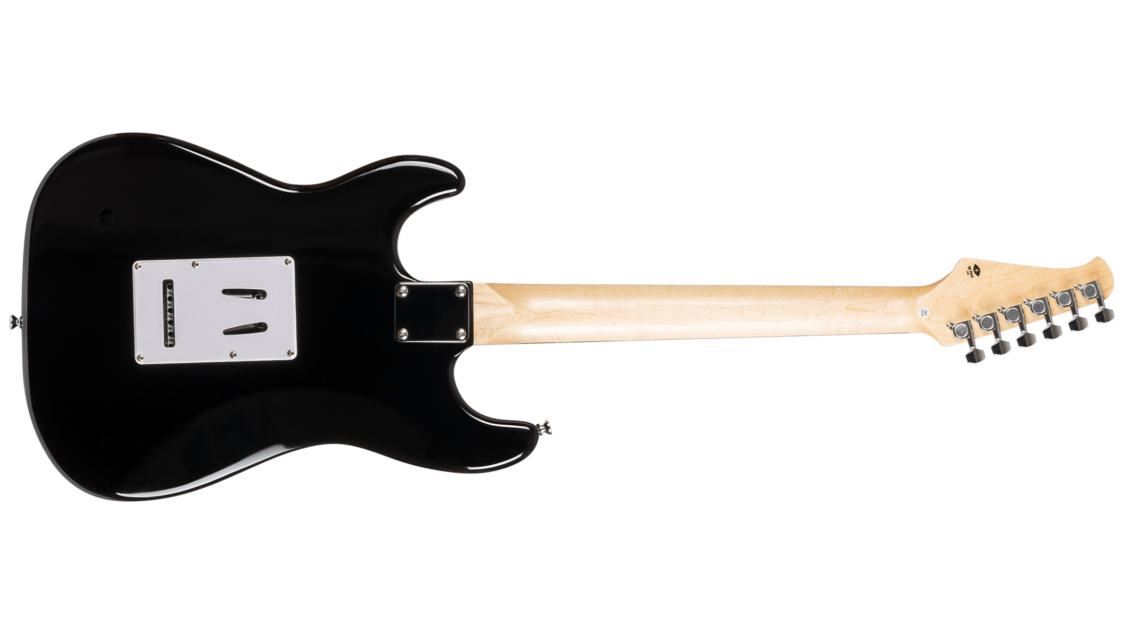 Rear view of the Voltera VS-300 BK electric guitar showing the bolt-on neck plate, tremolo cavity cover, and maple neck.