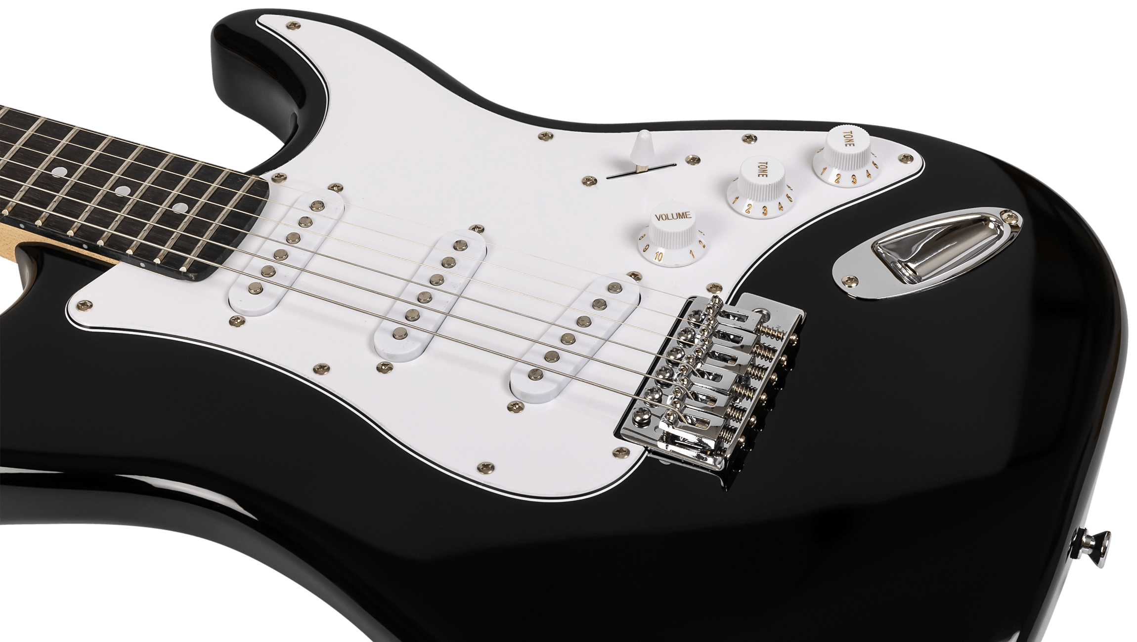 Close-up of the white pickguard, three single-coil pickups, and chrome synchronized tremolo on a black Voltera VS-300 BK.