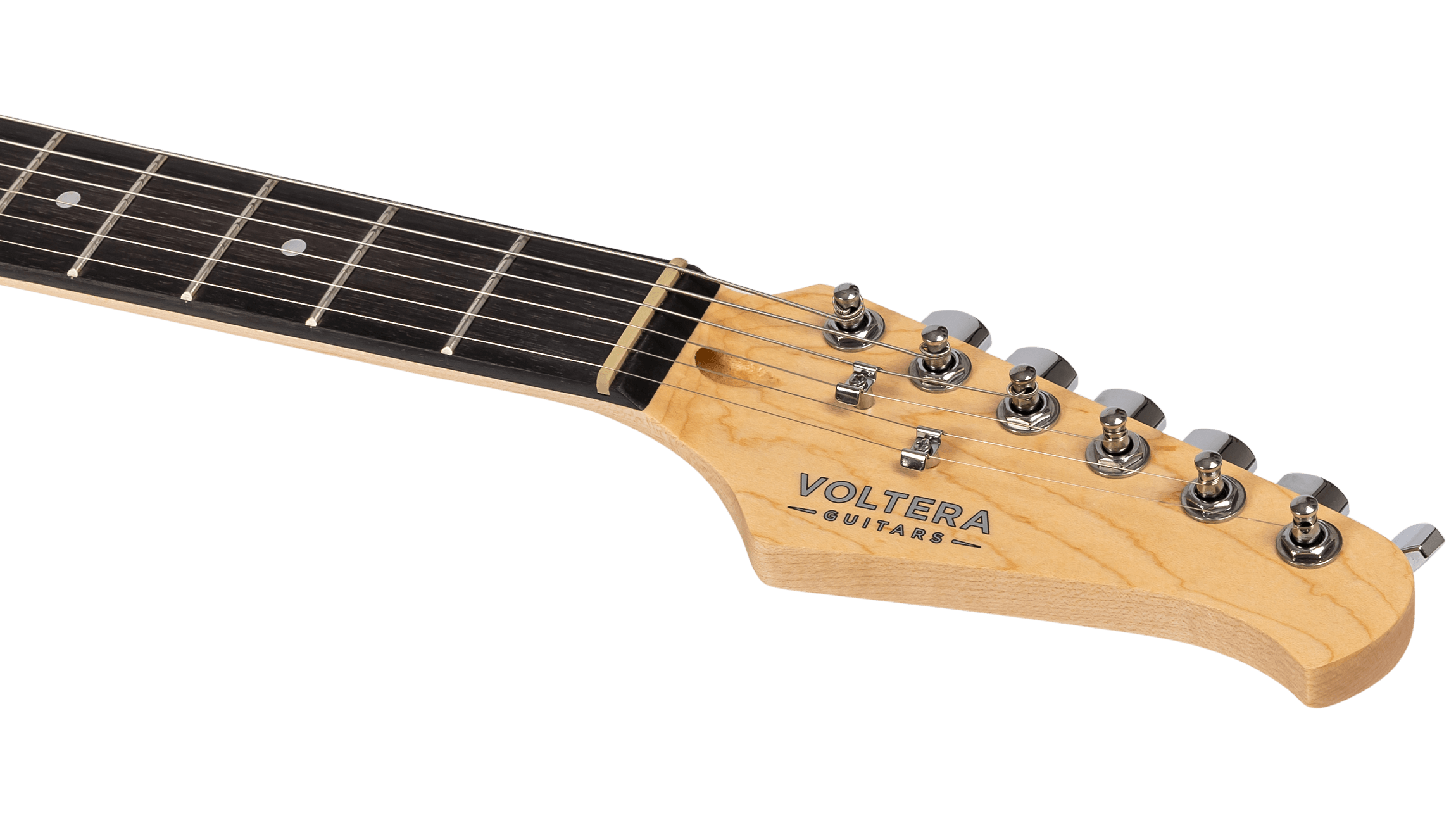 Close-up of the Voltera VS-300 headstock featuring the "Voltera Guitars" logo, chrome string trees, and dark fretboard.