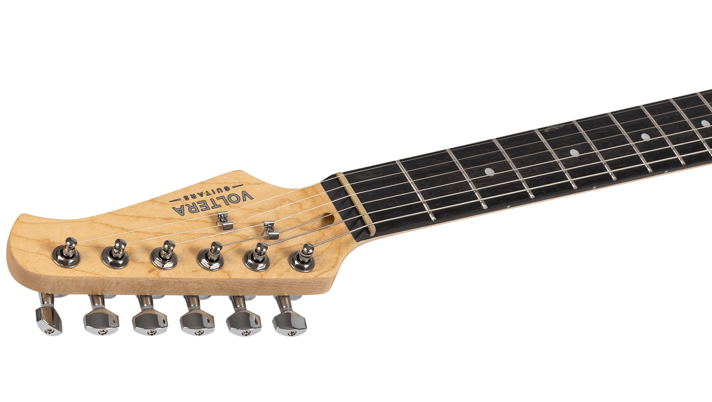 Side profile of the Voltera VS-300 headstock showing chrome die-cast tuning machines and maple neck grain.