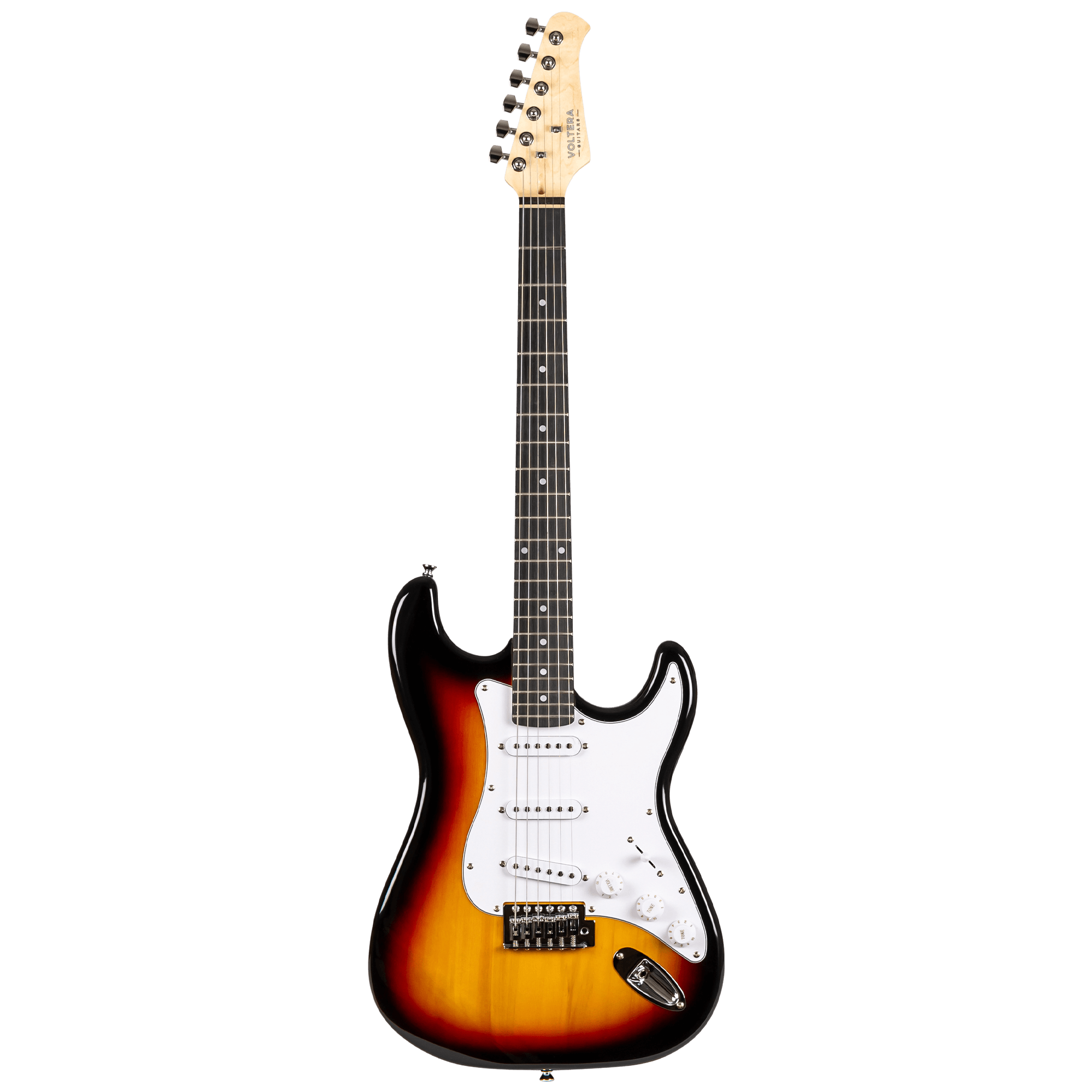 Voltera VS-300 SB Sunburst electric guitar front view with white pickguard and SSS pickups.