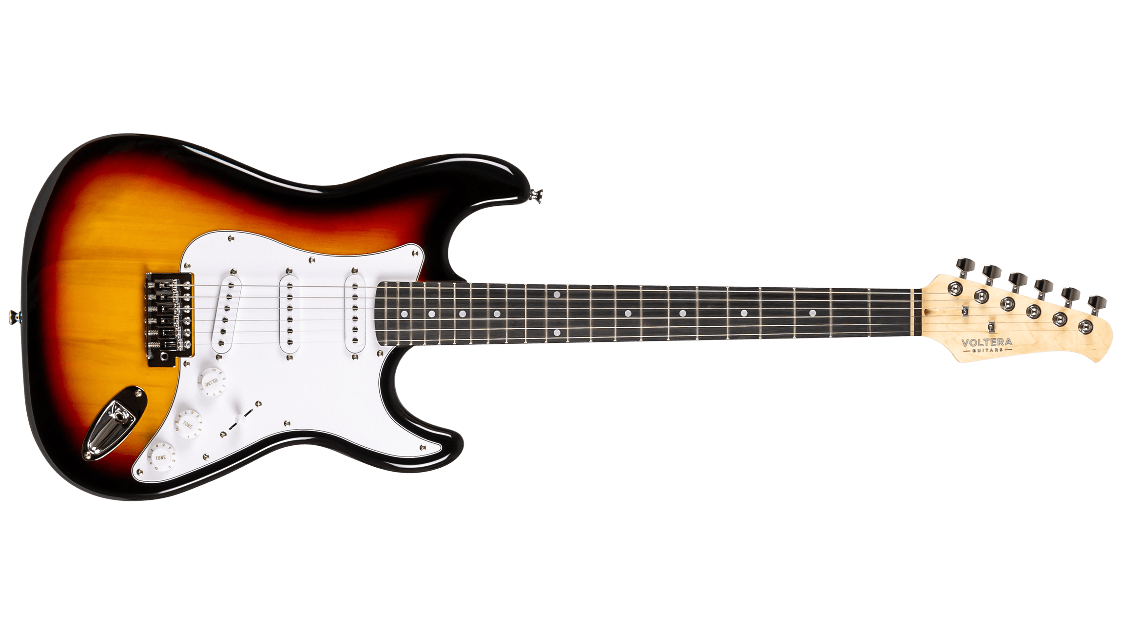 Full front view of the Voltera VS-300 SB electric guitar in 3-tone Sunburst with a white pickguard and triple single-coil pickups.