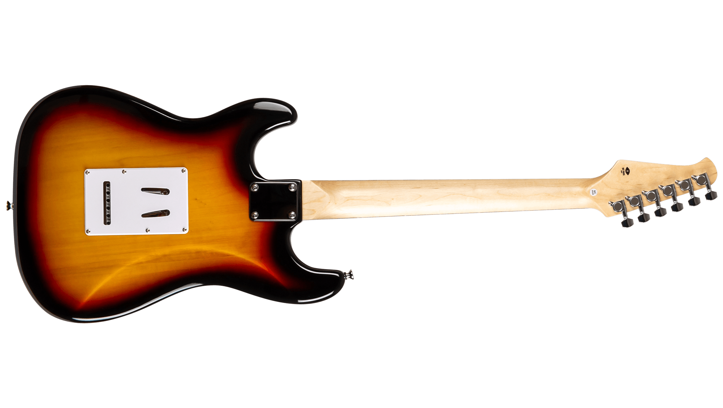 Rear view of the Voltera VS-300 SB electric guitar showing the bolt-on neck plate, tremolo cavity cover, and maple neck.
