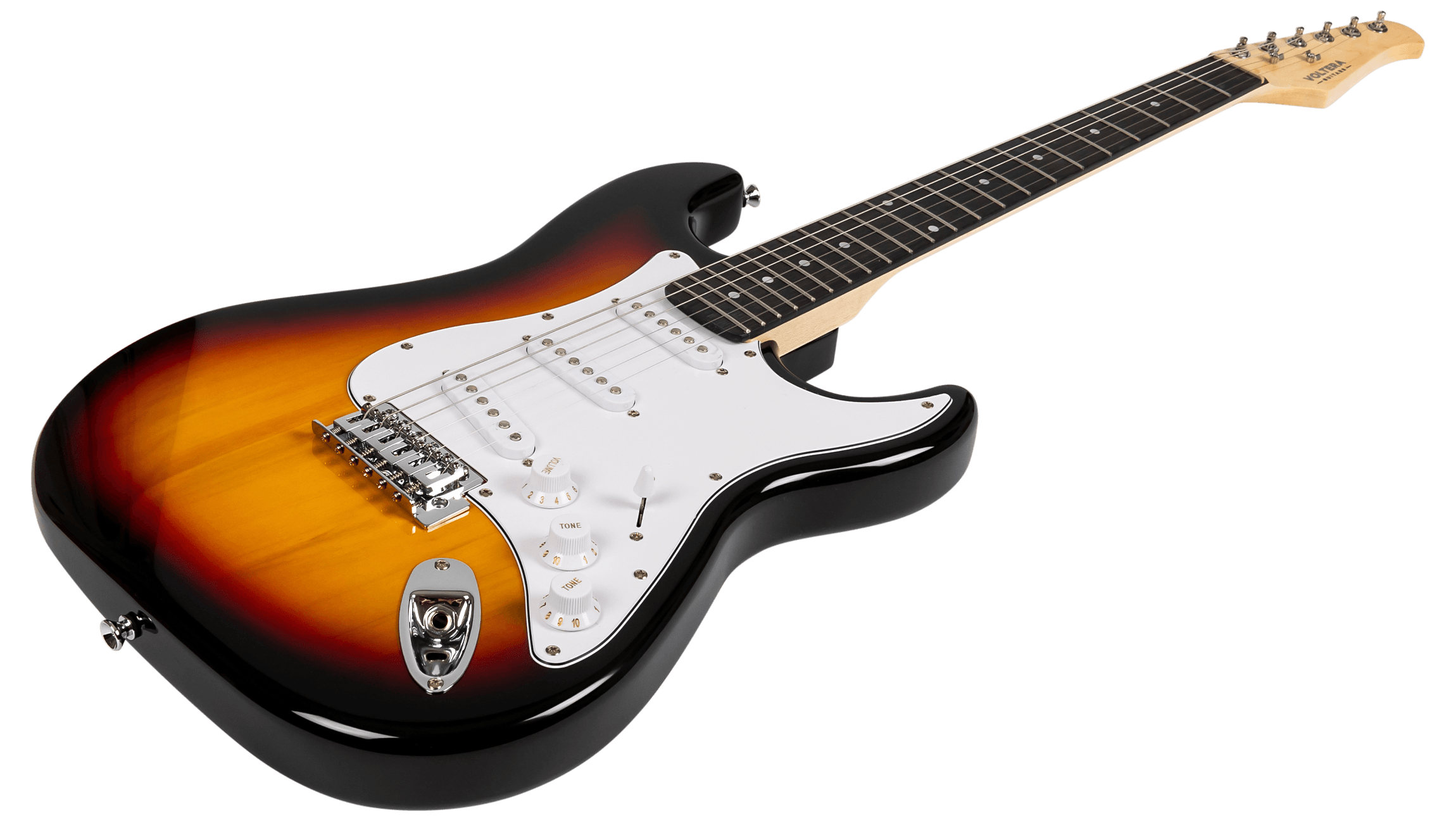 Angled perspective of the Voltera VS-300 SB Sunburst showing the body contours, 5-way switch, and volume/tone controls.