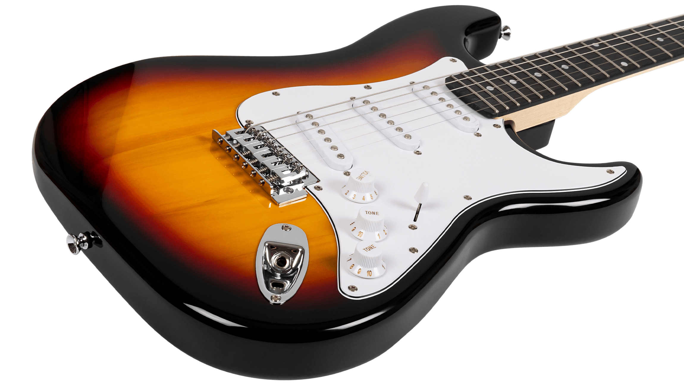 Close-up of the chrome tremolo bridge, white single-coil pickups, and control knobs on the Voltera VS-300 SB Sunburst.