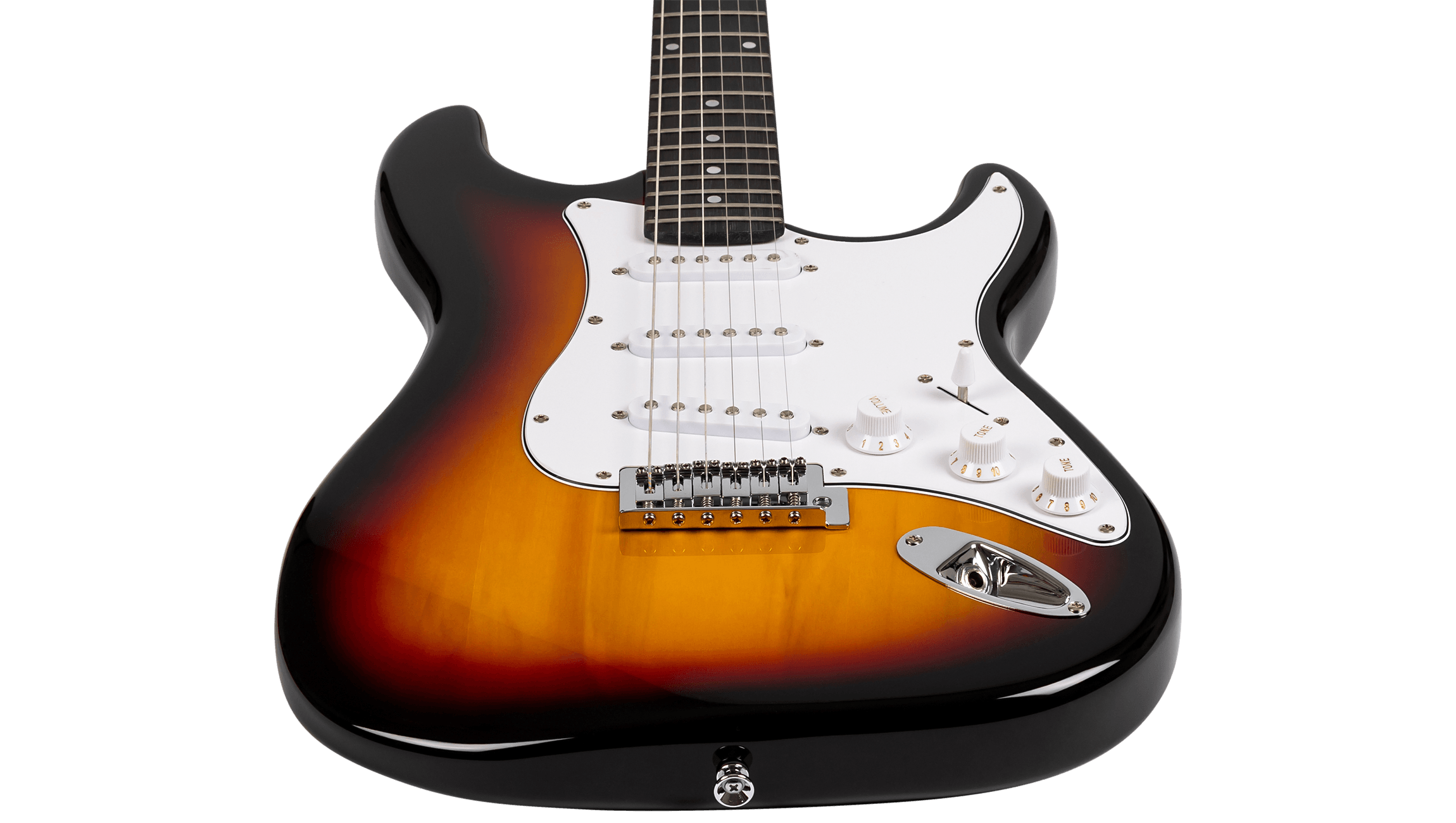 Bottom-up perspective of the Voltera VS-300 SB Sunburst showing the gloss finish and fretboard length.