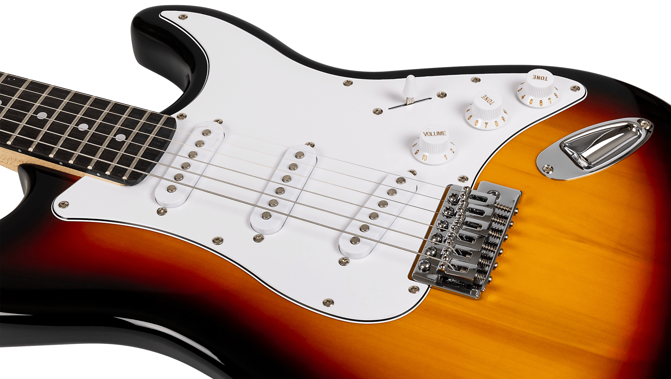 Close-up of the white pickguard and triple single-coil pickups on a Sunburst Voltera VS-300 SB.