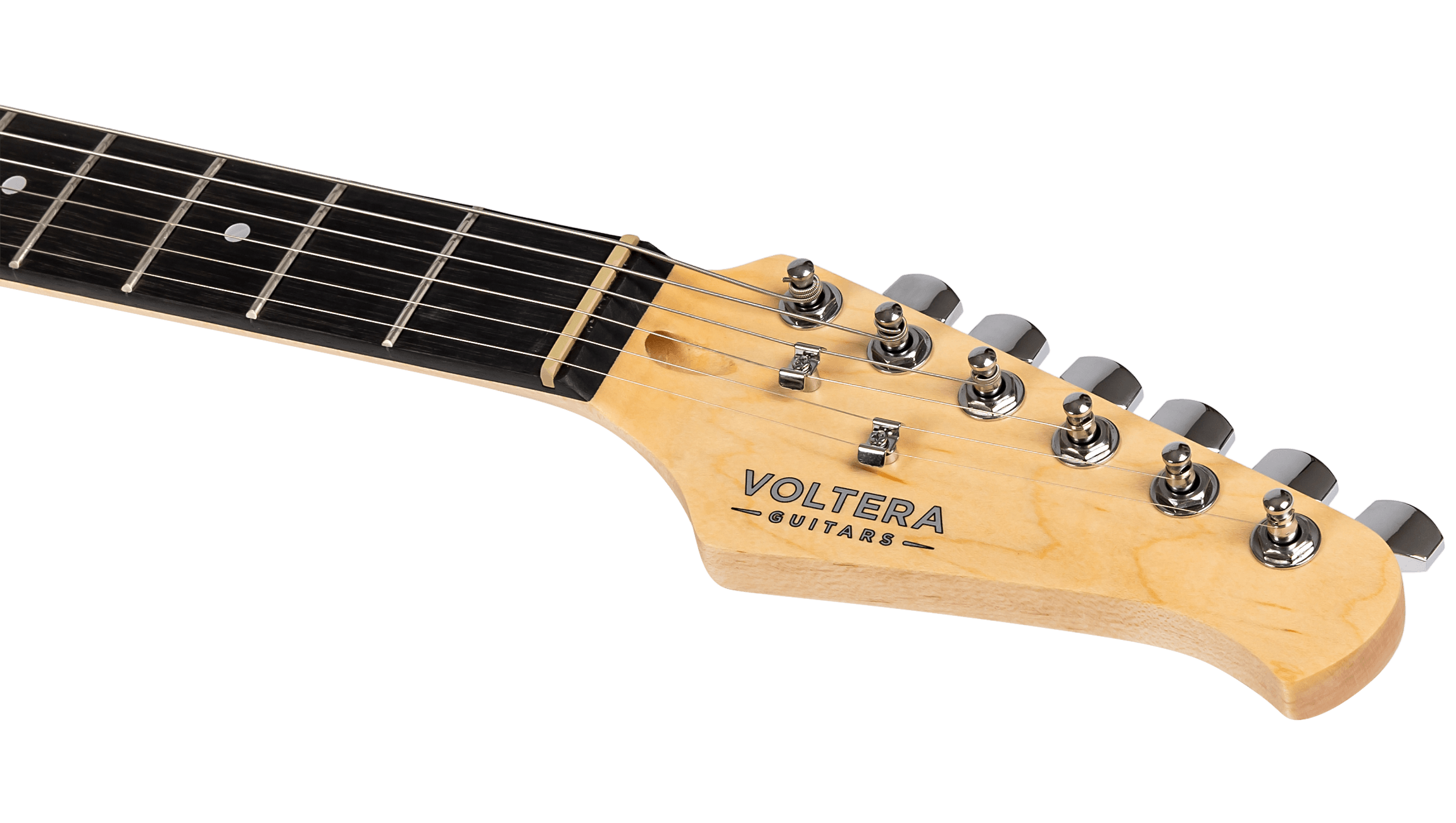 Close-up of the Voltera VS-300 headstock with "Voltera Guitars" branding, chrome string trees, and dark fretboard.