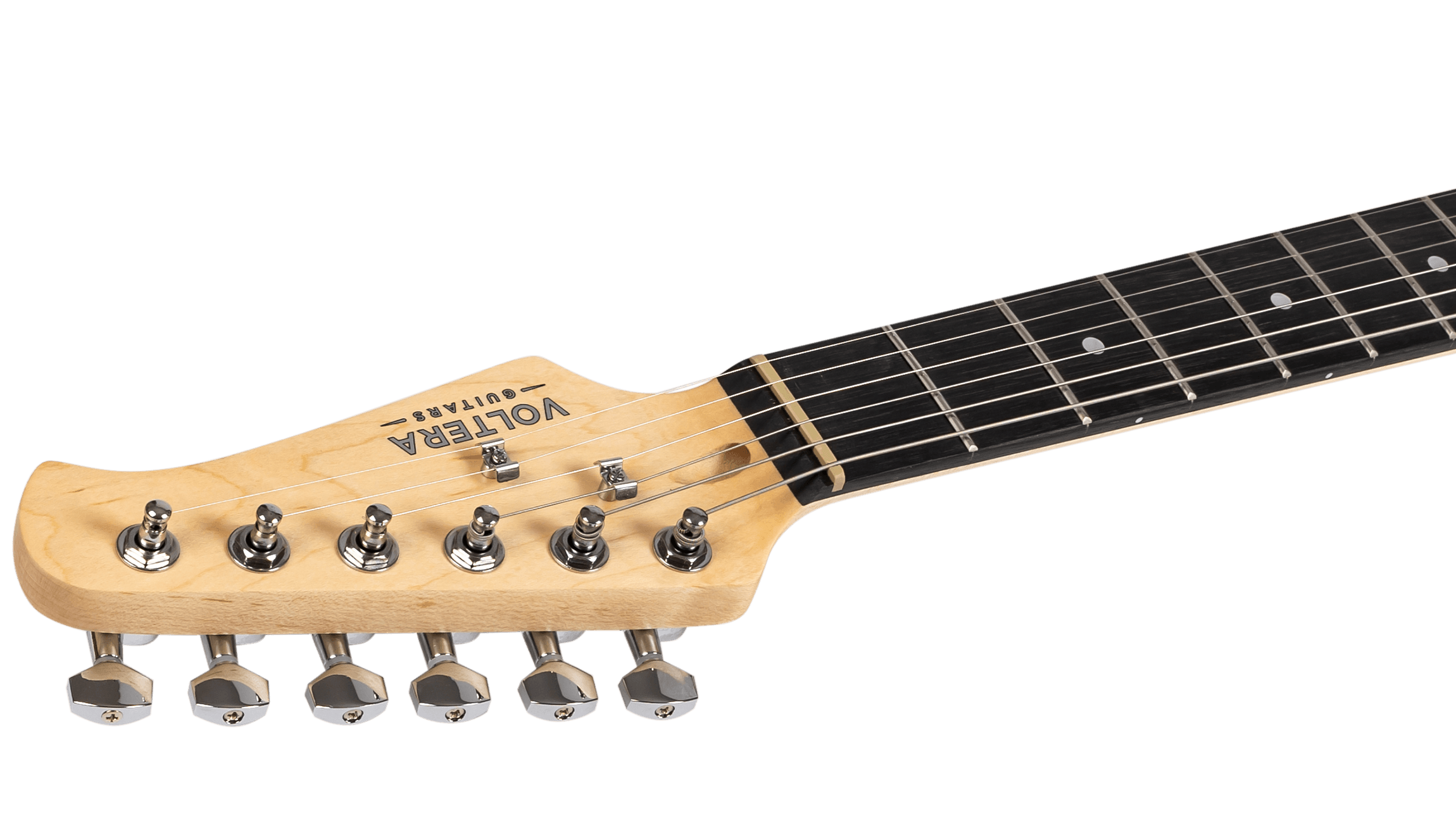 Side profile of the Voltera VS-300 SB headstock showing chrome die-cast tuning machines and maple neck grain.
