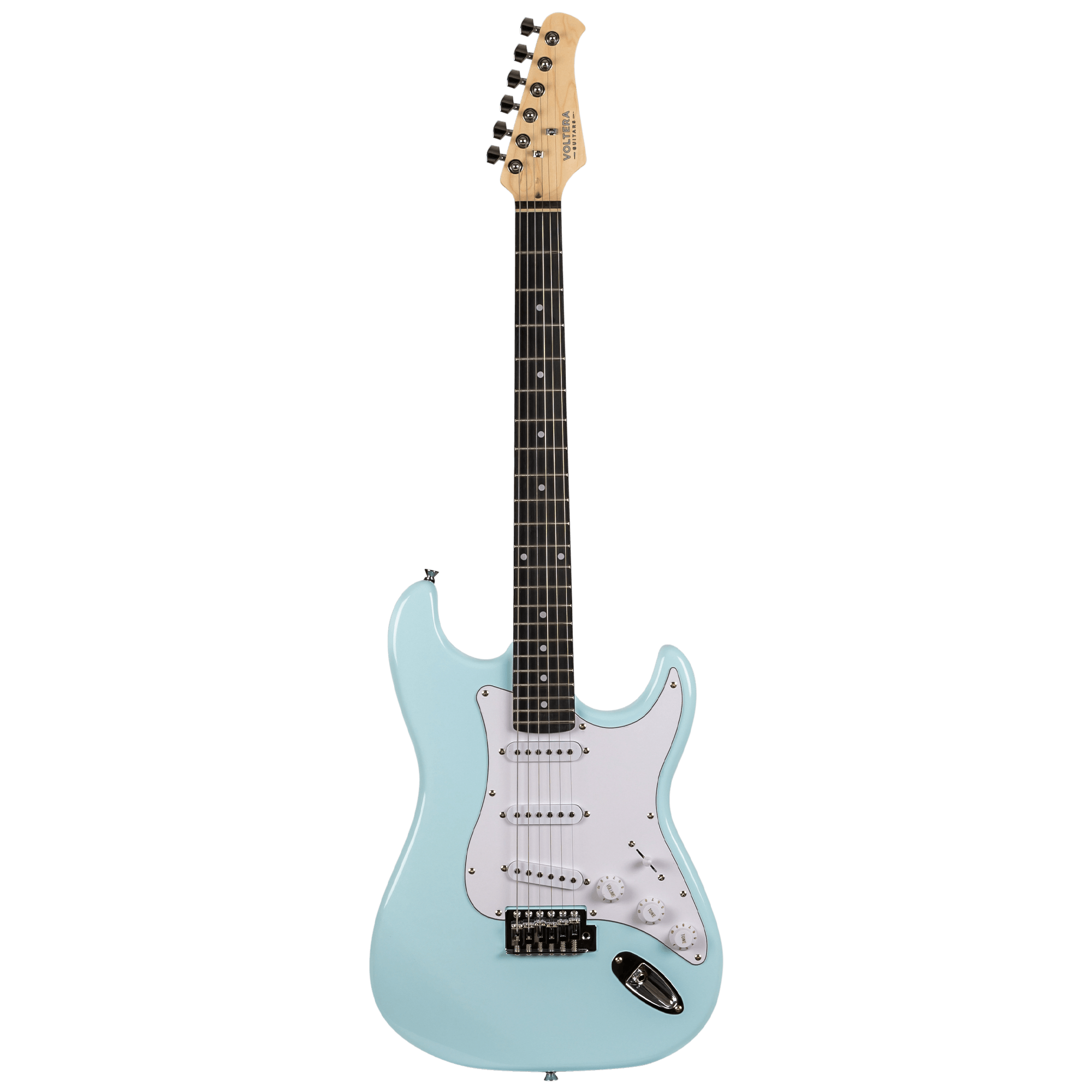 Voltera VS-300 SBL Sonic Blue electric guitar front view with vintage-style white pickguard and SSS pickups.