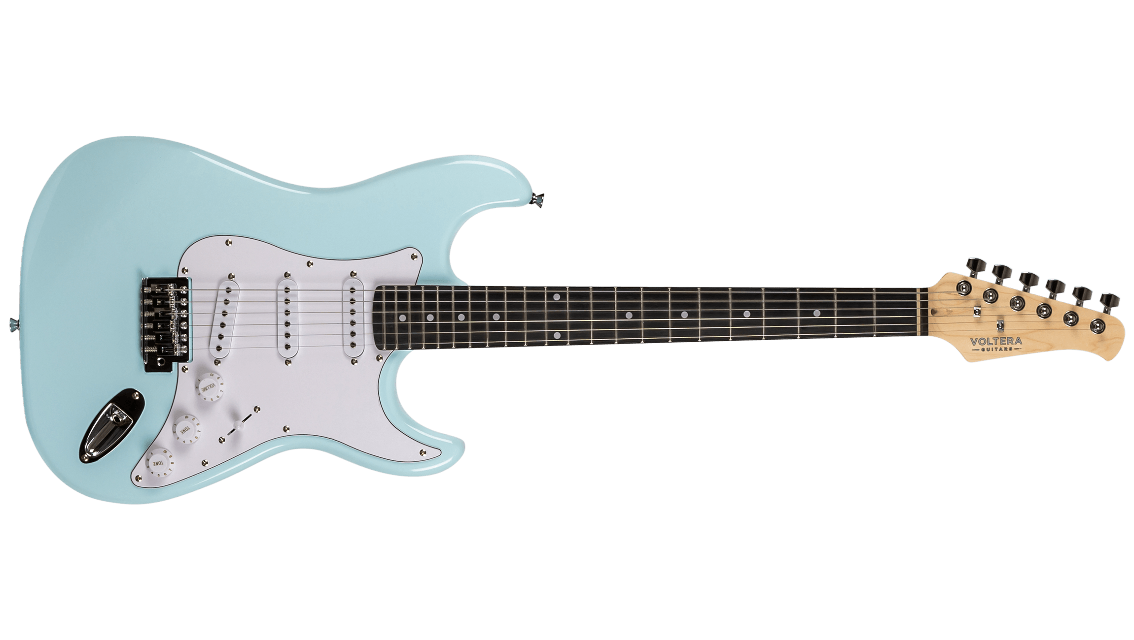 Full front view of the Voltera VS-300 SBL electric guitar in Sonic Blue with a white pickguard and triple single-coil pickups.