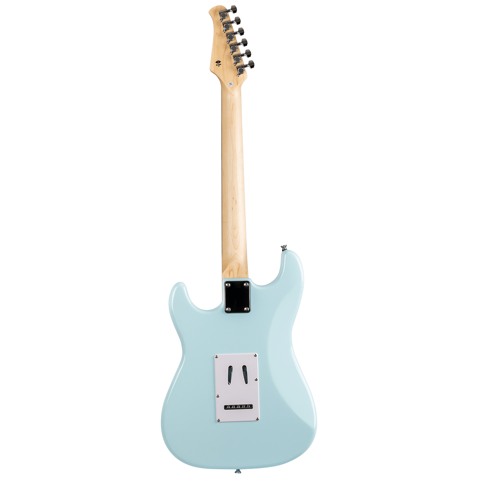 Back view of Voltera VS-300 SBL Sonic Blue guitar showing the smooth neck heel and gloss finish.