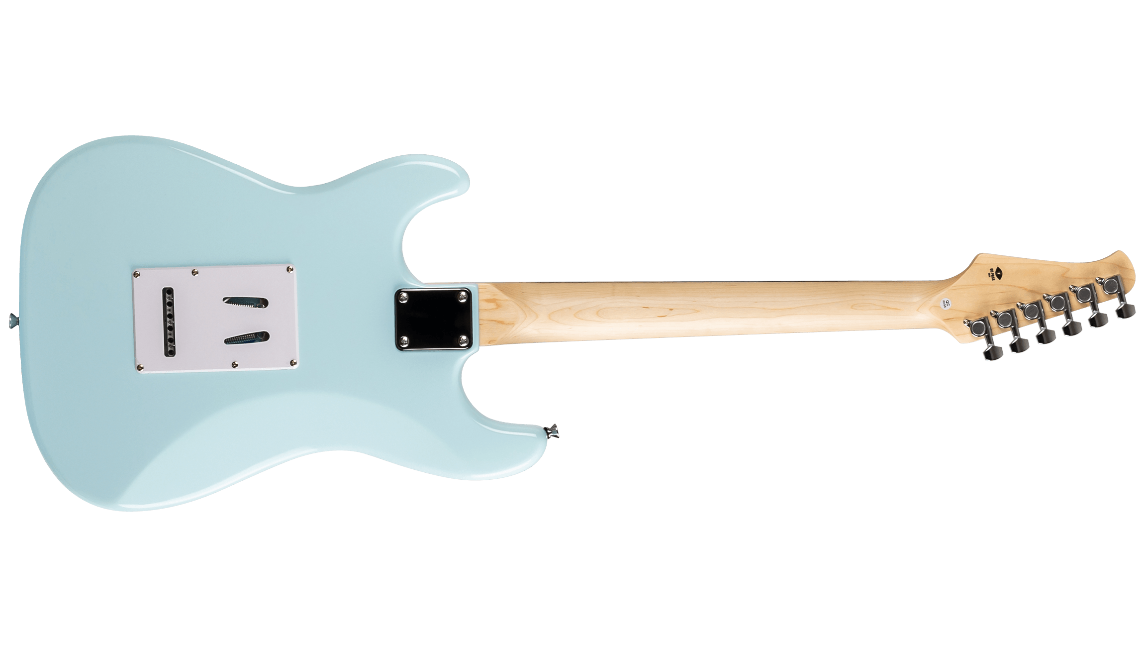 Rear view of the Voltera VS-300 SBL electric guitar showing the bolt-on neck plate, tremolo cavity cover, and maple neck.