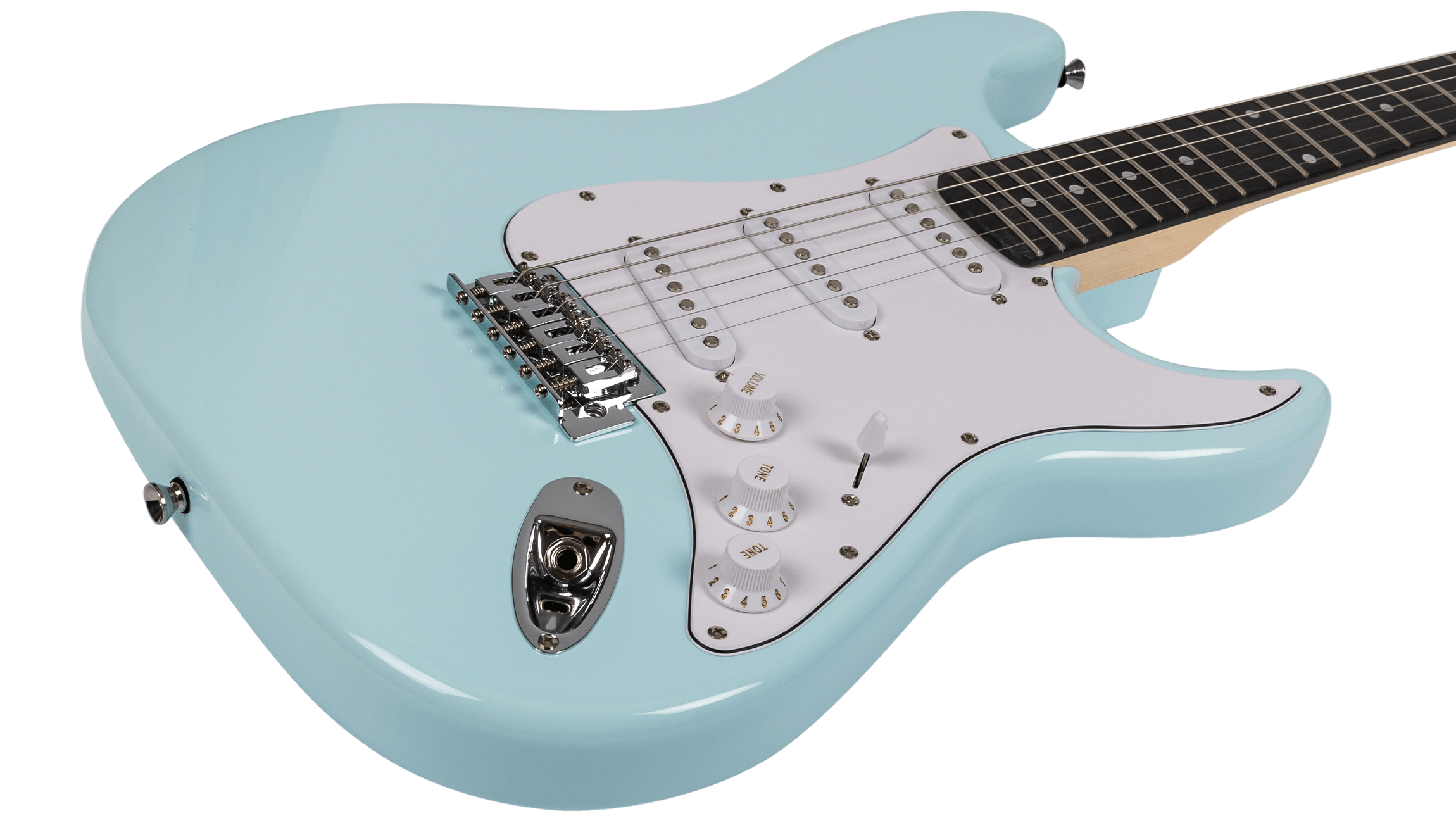 Close-up of the chrome tremolo bridge, white single-coil pickups, and control knobs on the Voltera VS-300 SBL Sonic Blue.