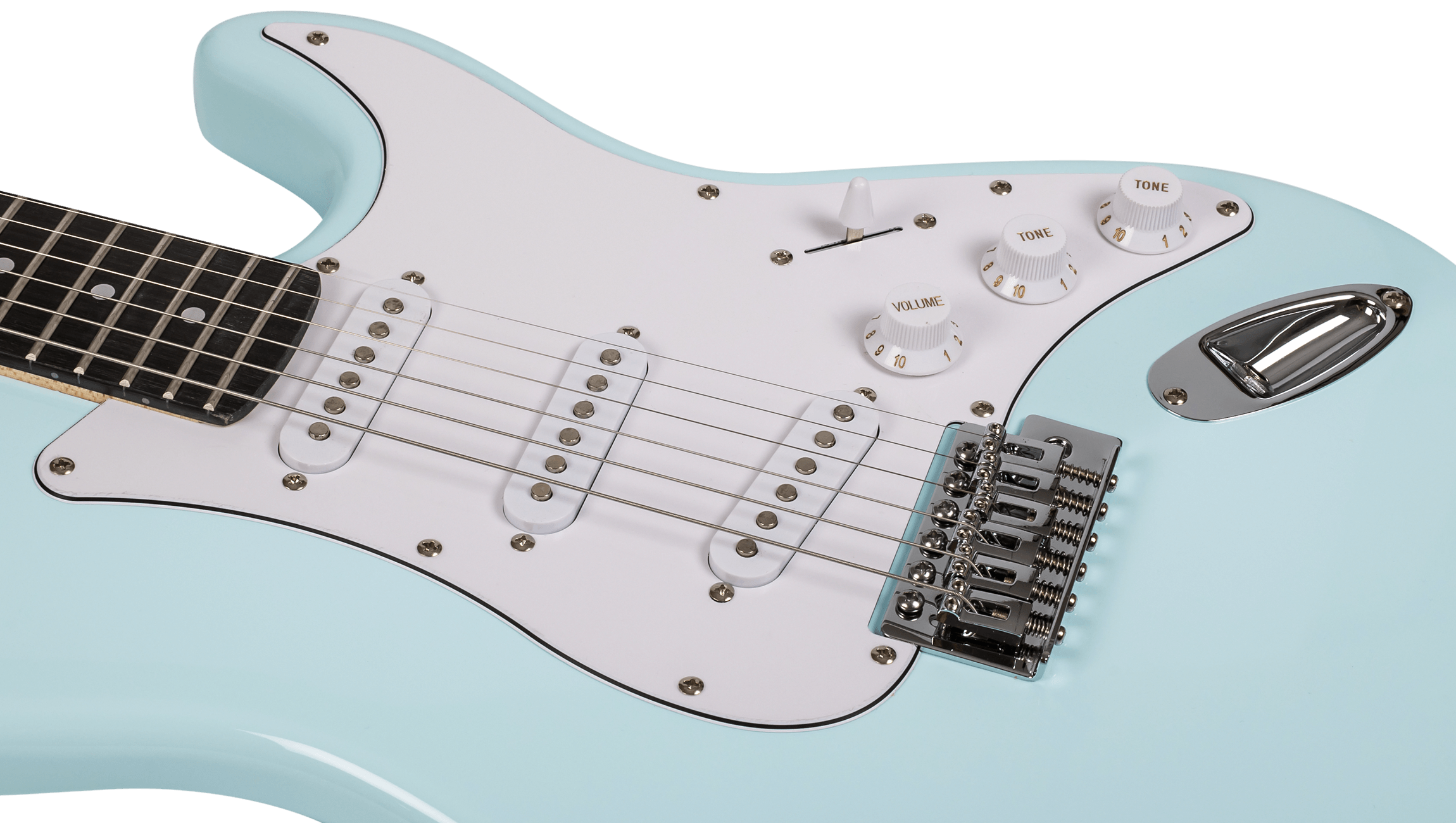 Close-up of the white pickguard and triple single-coil pickups on a Sonic Blue Voltera VS-300 SBL.