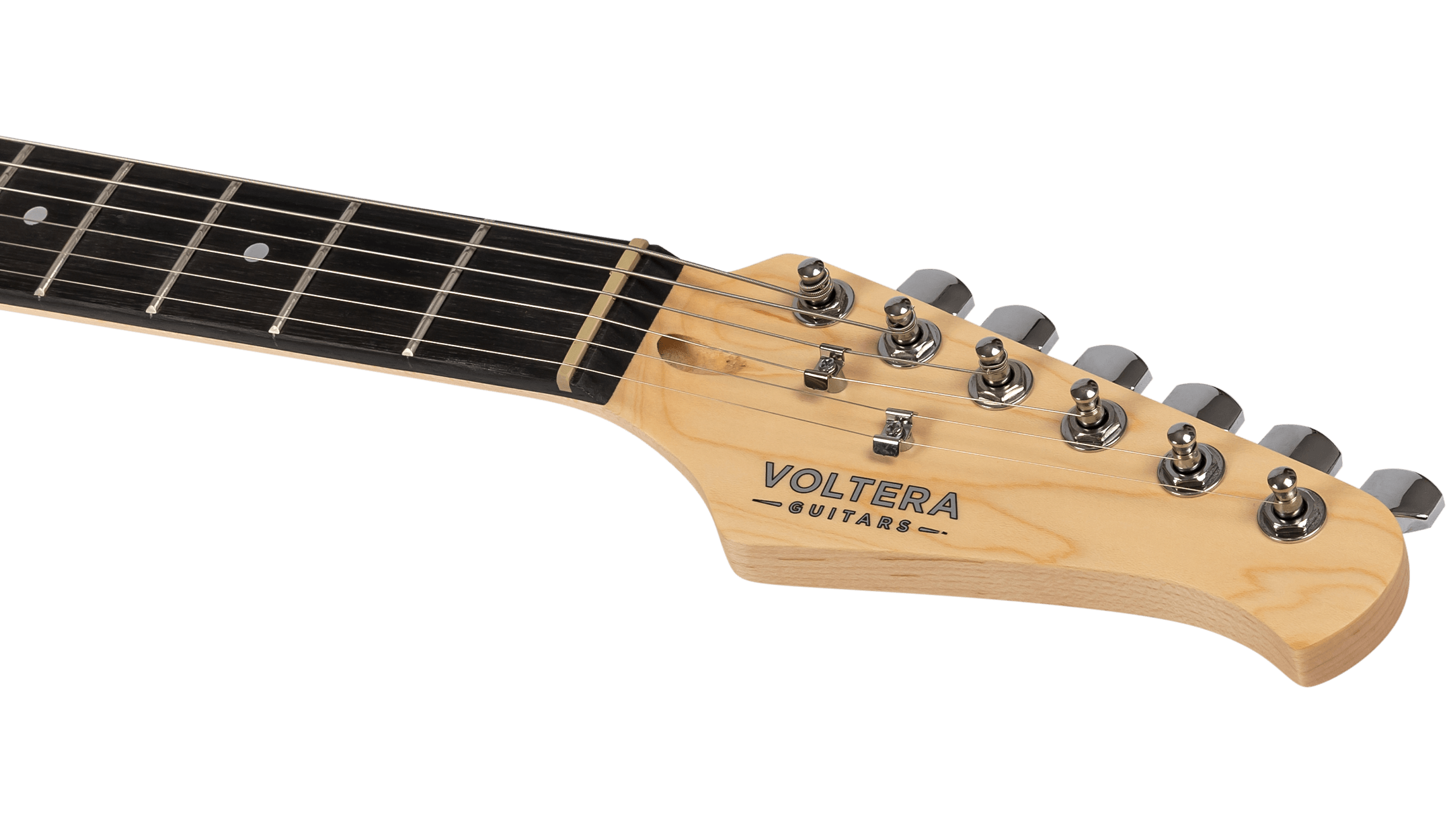 Close-up of the Voltera VS-300 headstock with "Voltera Guitars" branding and dark fretboard on Sonic Blue model.