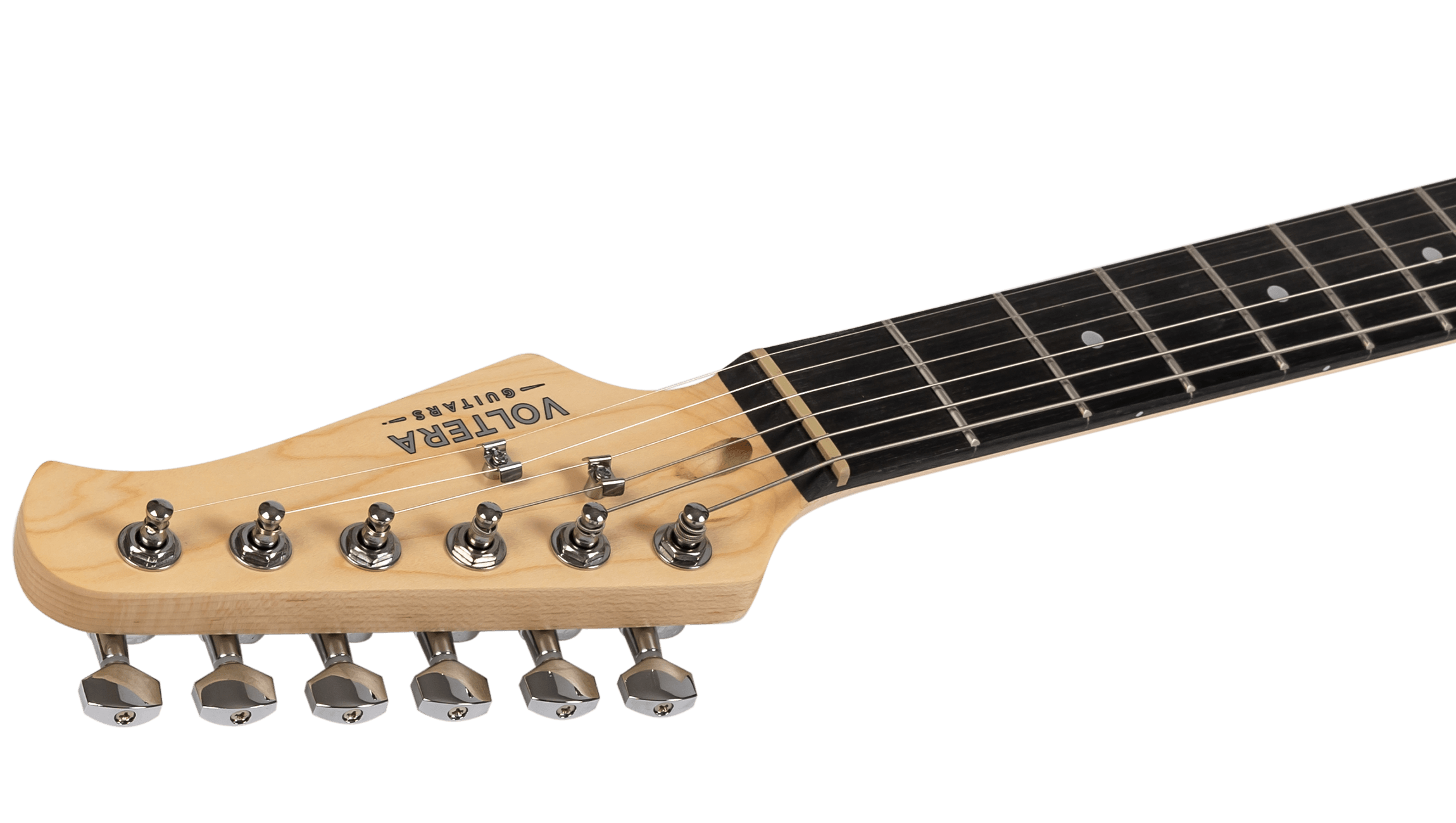 Side profile of the Voltera VS-300 SBL headstock showing chrome die-cast tuning machines and maple neck.