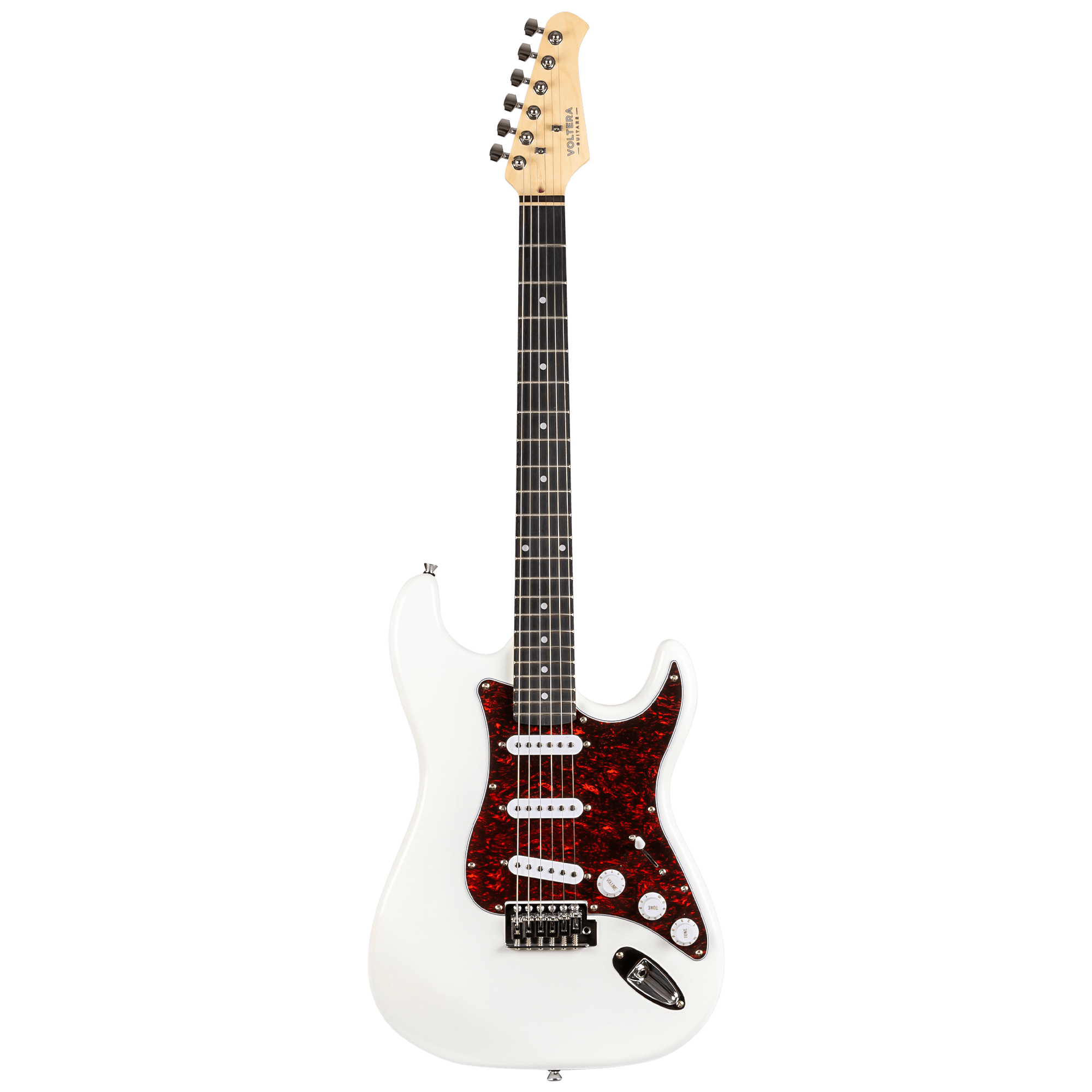 Voltera VS-300 WH White electric guitar with tortoiseshell pickguard and three single-coil pickups.
