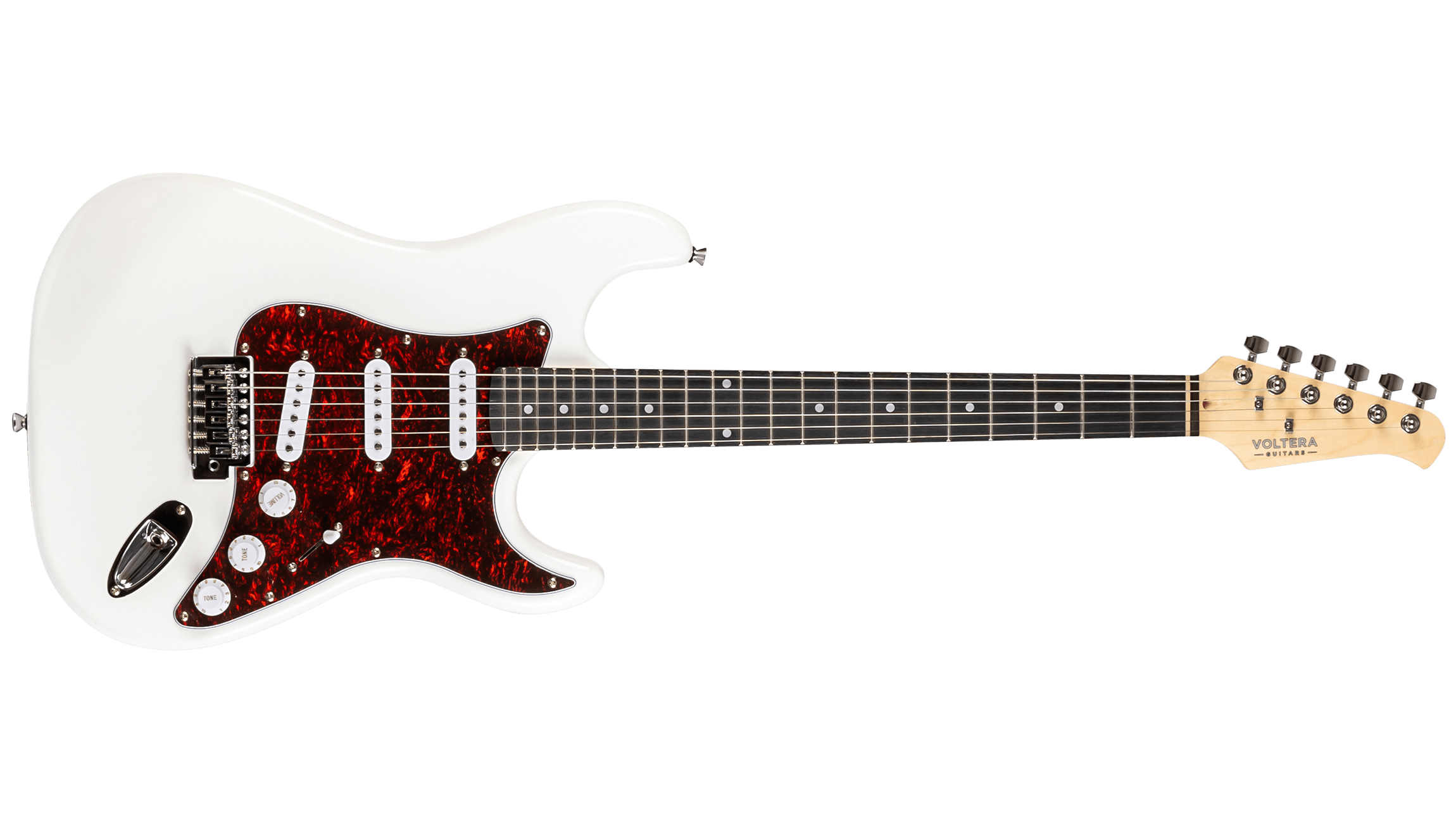 Full front view of the Voltera VS-300 WH electric guitar in Gloss White with a tortoiseshell pickguard and triple single-coil pickups.