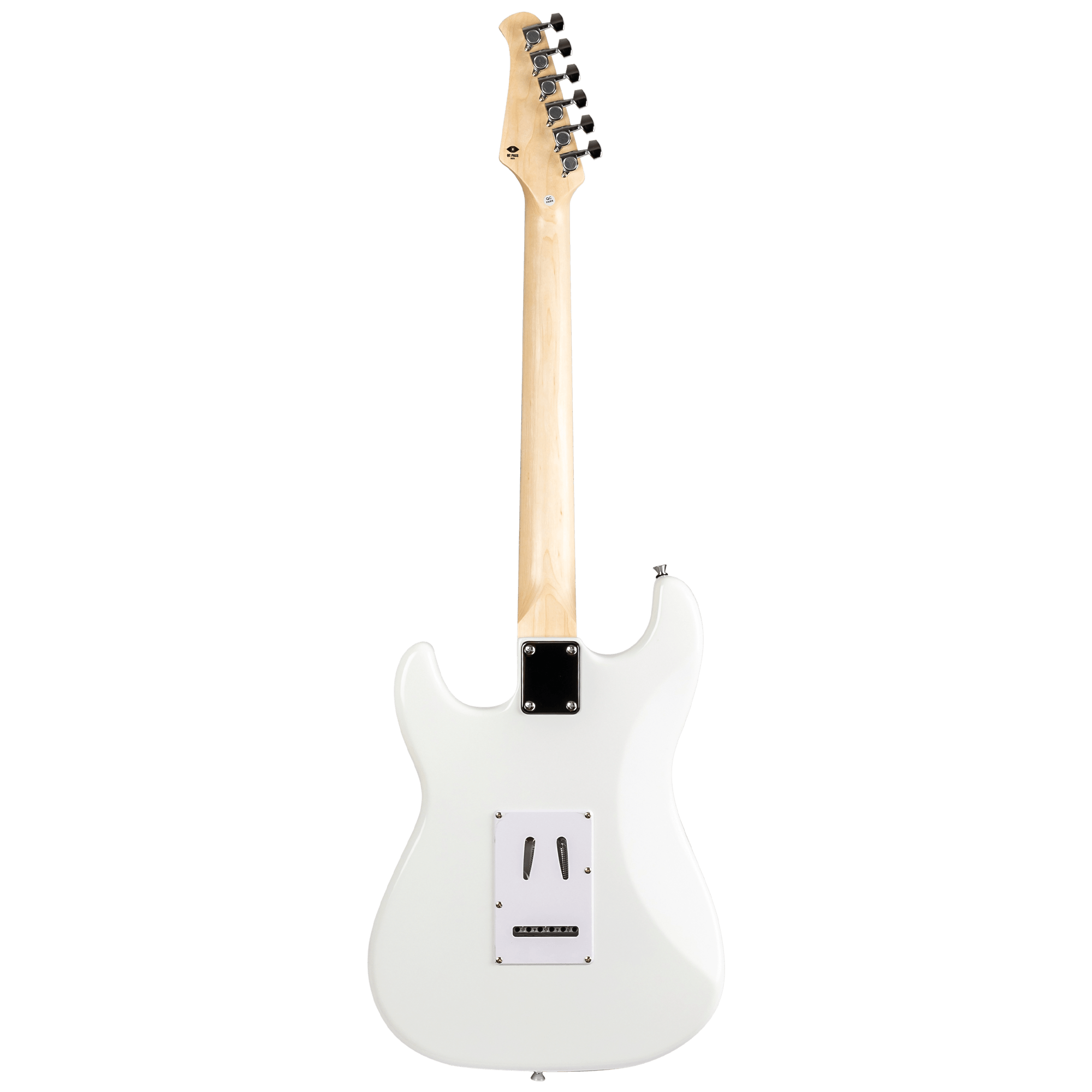 Back view of Voltera VS-300 WH White electric guitar showing the white gloss body and maple neck.