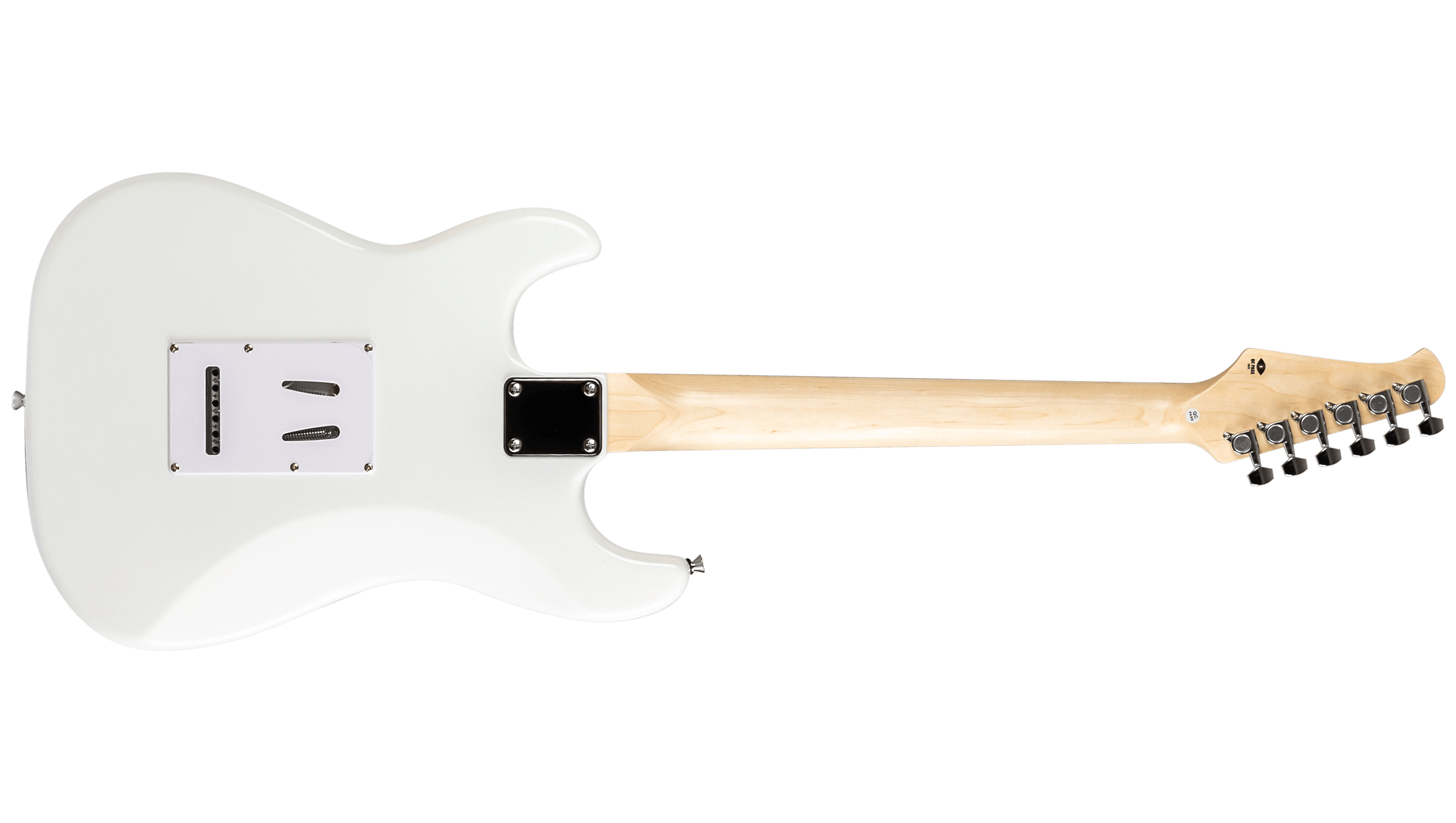 Rear view of the Voltera VS-300 WH electric guitar showing the bolt-on neck plate, tremolo cavity cover, and maple neck.