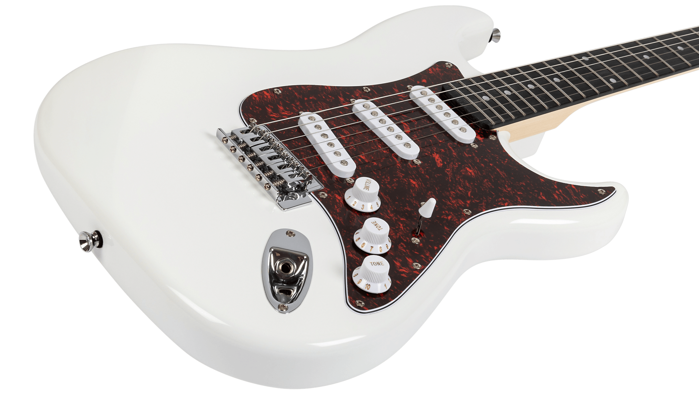 Close-up of the chrome tremolo bridge, tortoiseshell pickguard, and white single-coil pickups on the Voltera VS-300 WH.