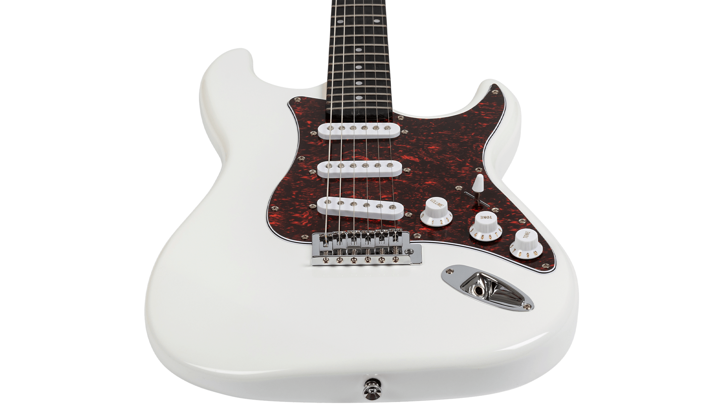 Bottom-up perspective of the Voltera VS-300 WH White showing the gloss finish and fretboard length.