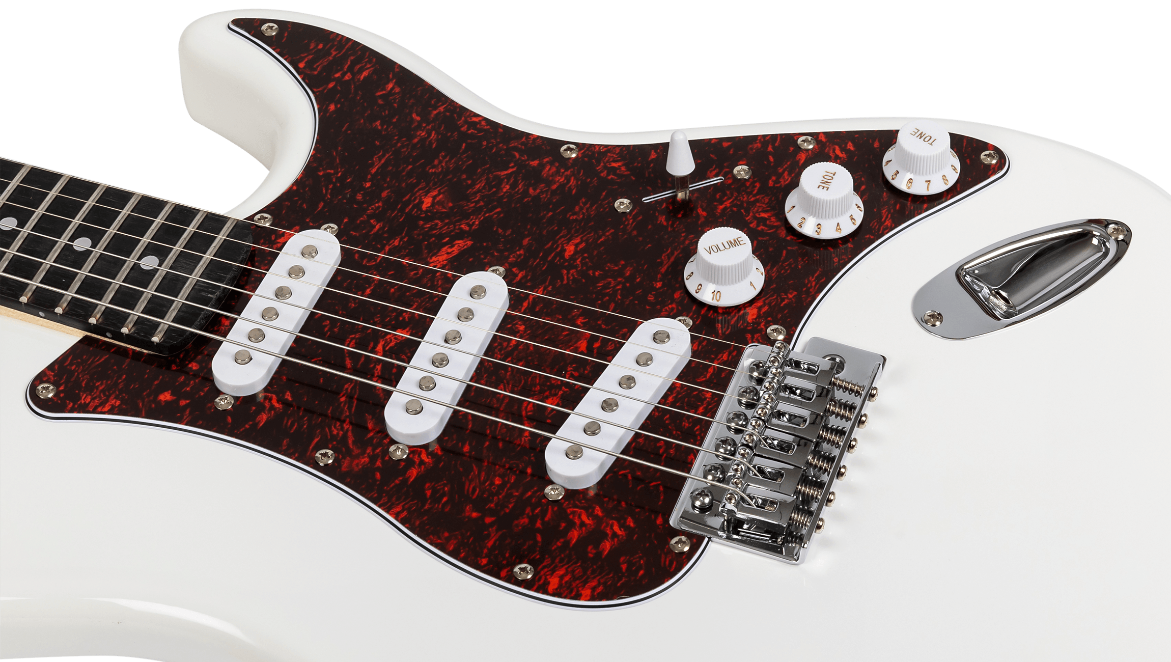 Close-up of the tortoiseshell pickguard and white single-coil pickups on a Voltera VS-300 WH.