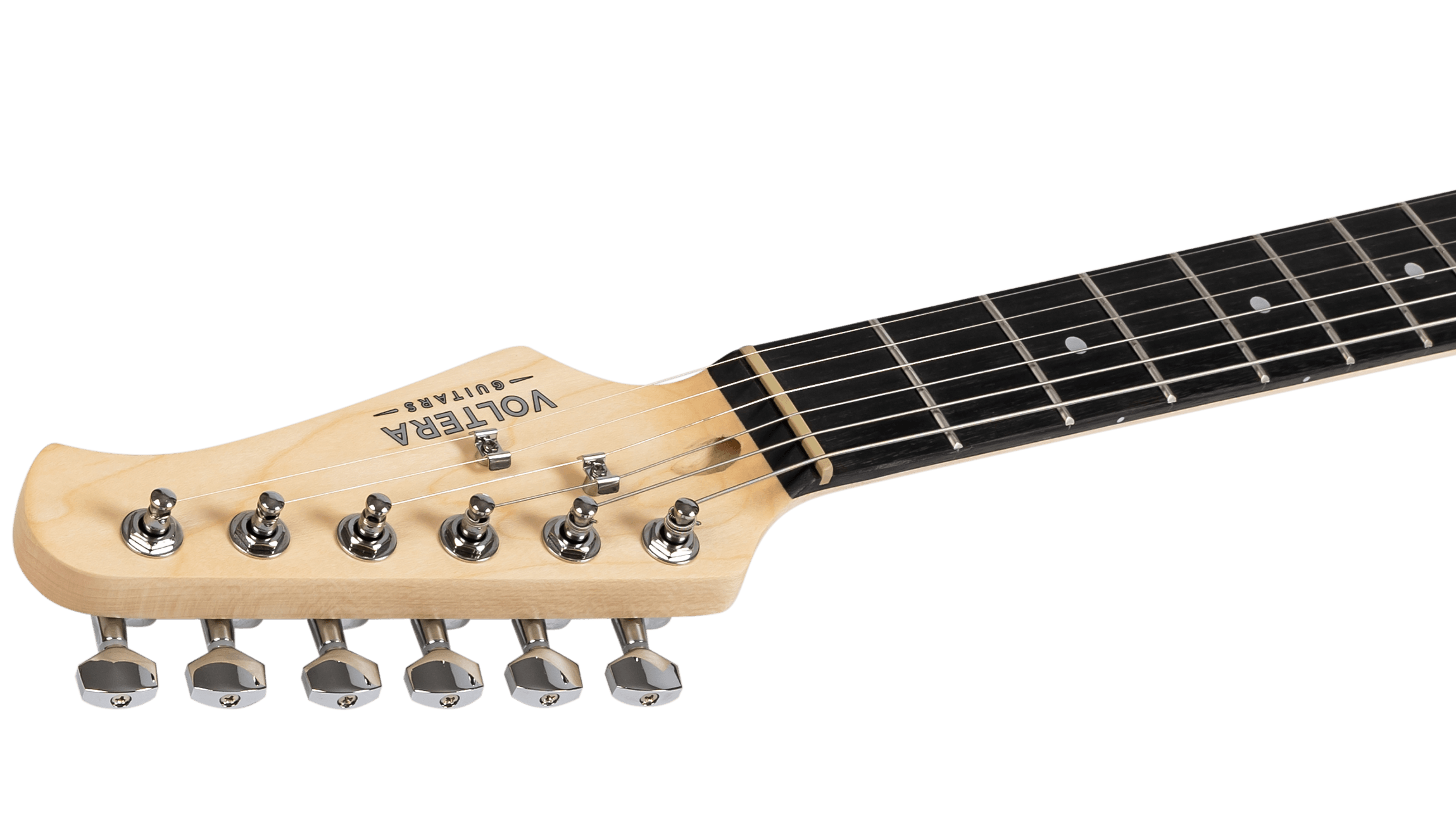 Side profile of the Voltera VS-300 WH headstock showing chrome die-cast tuning machines and maple neck.