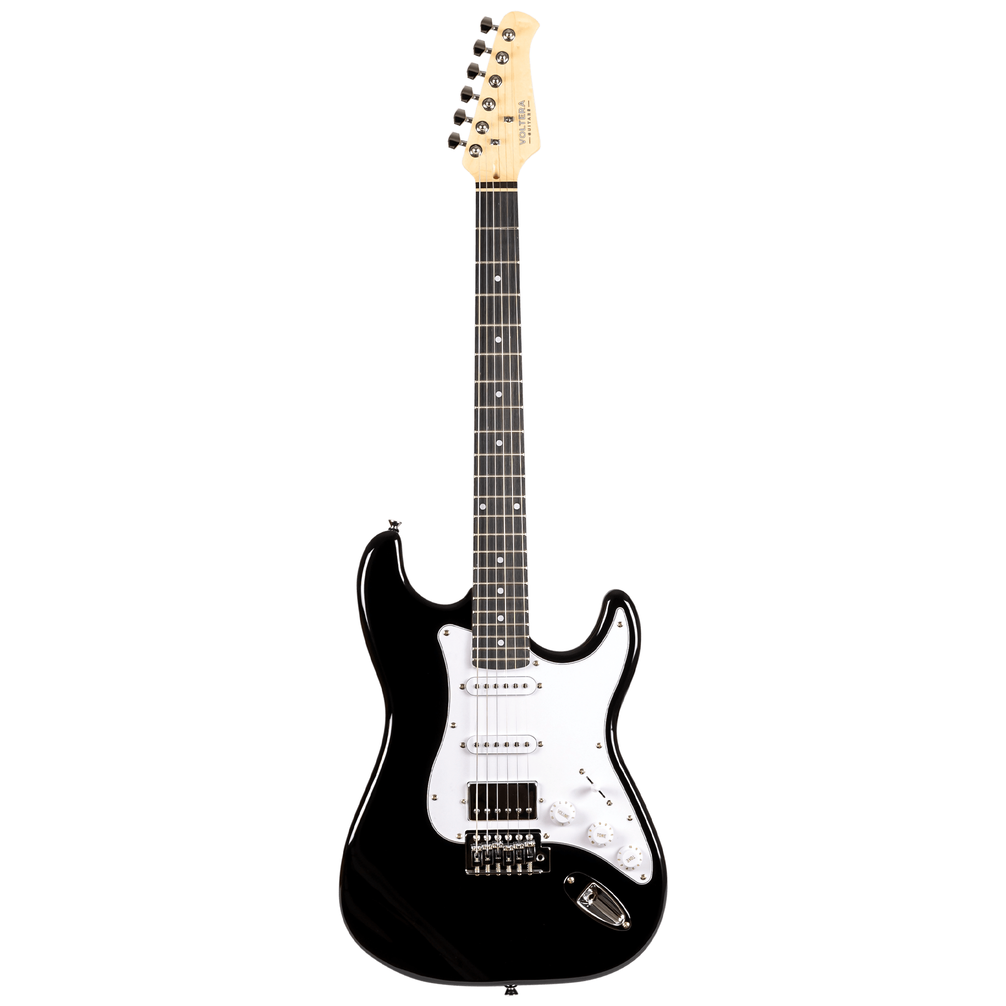 Voltera VS-400 BK Black electric guitar front view with HSS pickup configuration and white pickguard.