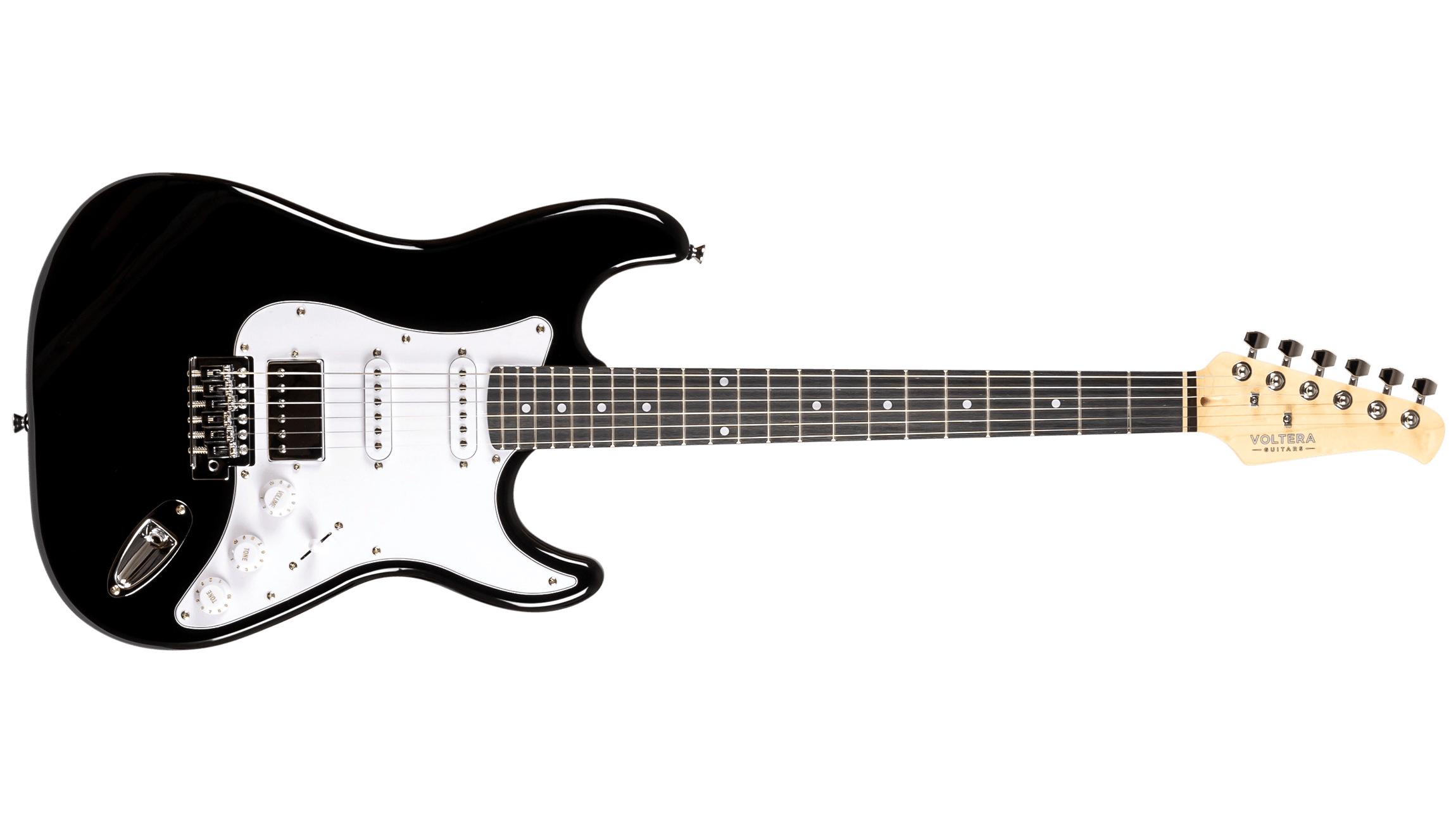 Full front view of the Voltera VS-400 BK electric guitar in Black with a white pickguard and HSS pickup configuration.