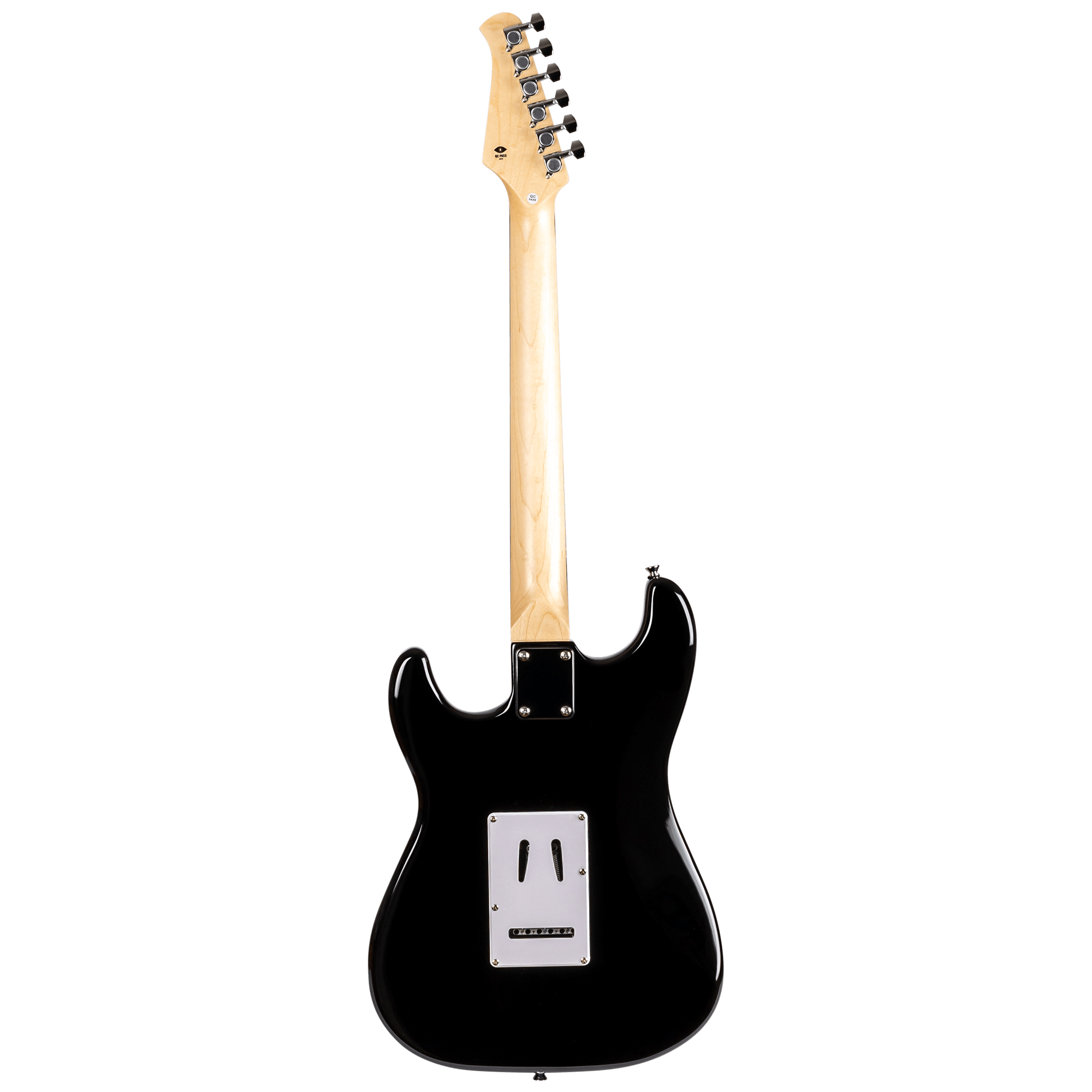 Back view of Voltera VS-400 BK black electric guitar showing the contoured body and tremolo cavity cover.