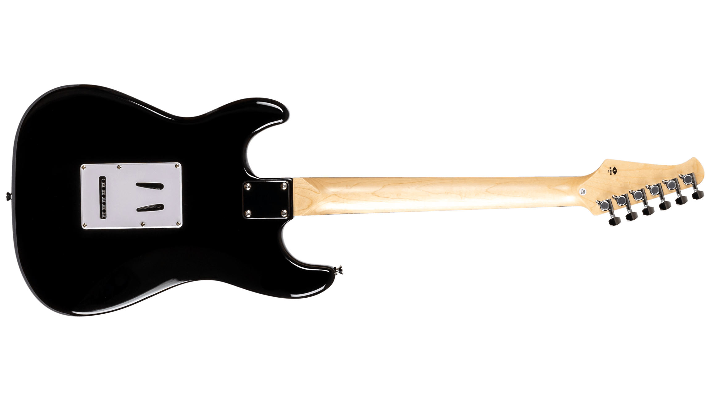 Rear view of the Voltera VS-400 BK electric guitar showing the bolt-on neck plate and tremolo cavity cover.