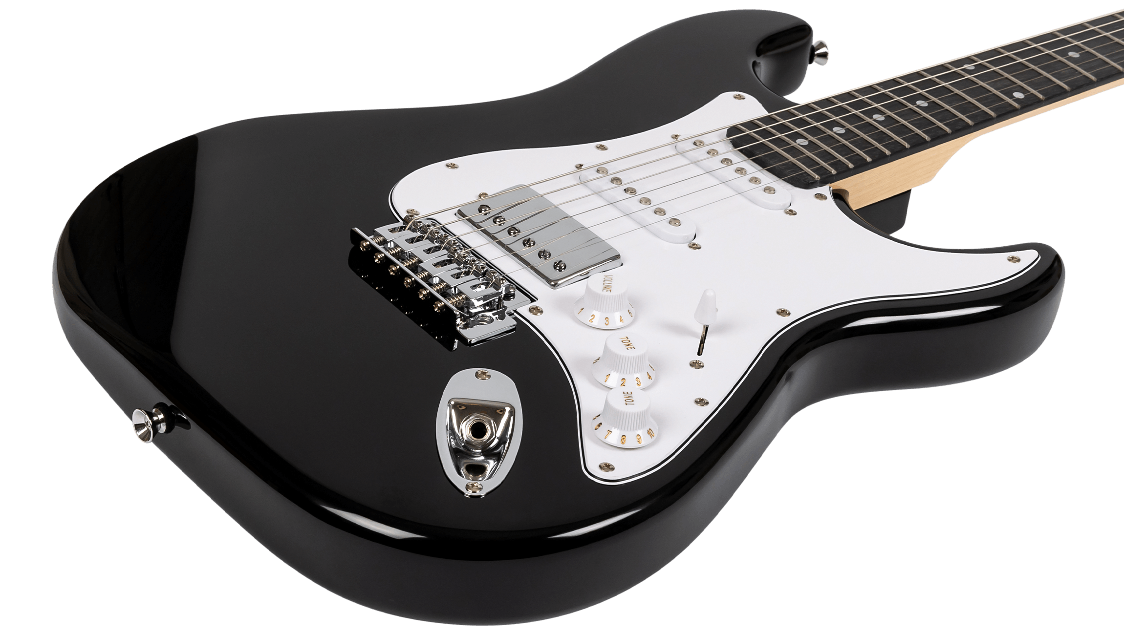 Close-up of the bridge humbucker, single-coil pickups, and tremolo bridge on the Voltera VS-400 BK.