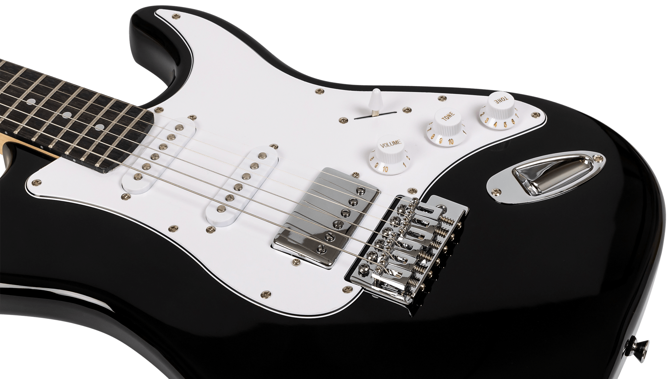 Close-up of the HSS pickup layout and white pickguard on a black Voltera VS-400 BK.