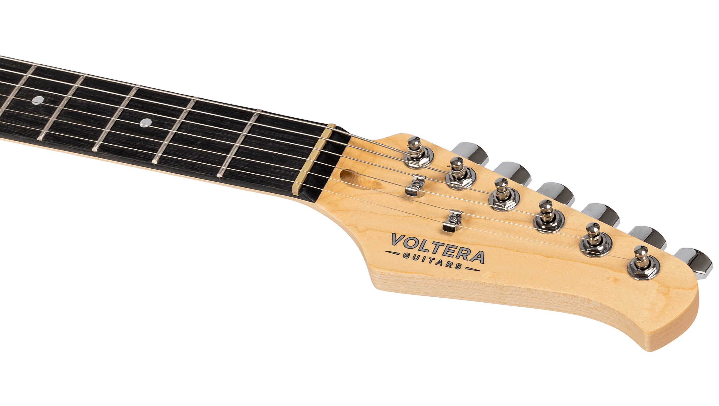 Close-up of the Voltera VS-400 BK headstock featuring the "Voltera Guitars" logo and dark fretboard.