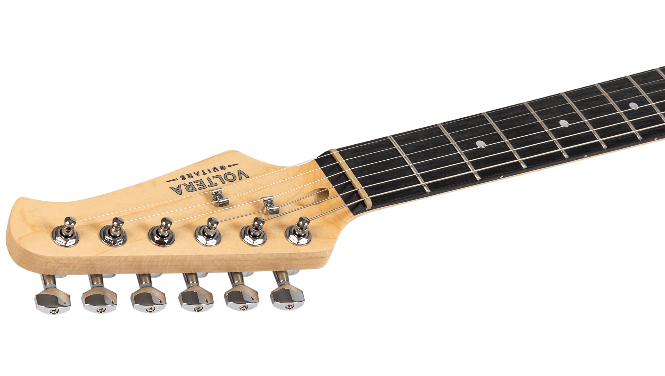 Side profile of the Voltera VS-400 BK headstock showing chrome die-cast tuning machines and maple neck grain.
