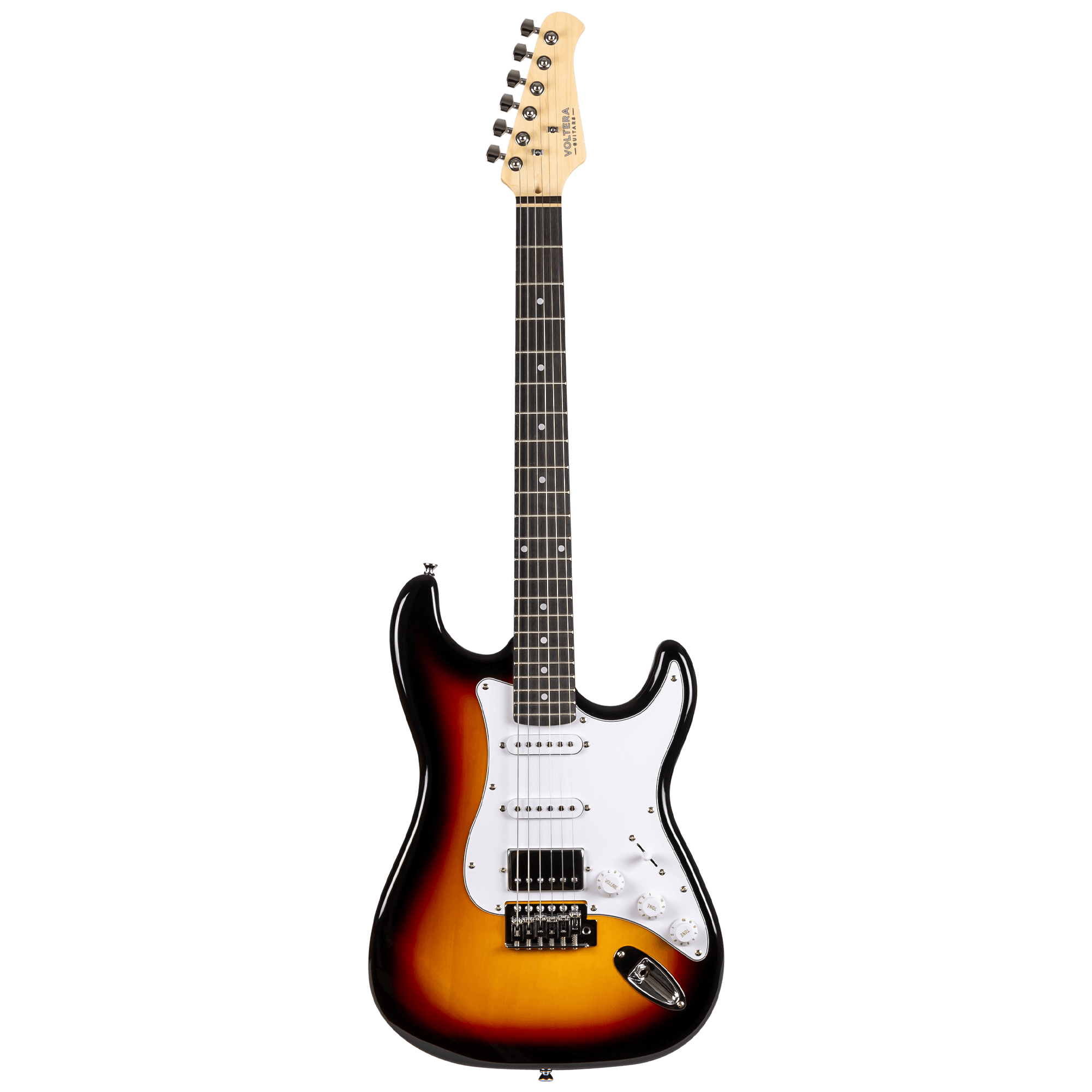 Voltera VS-400 SB Sunburst electric guitar front view with HSS pickups and white pickguard.