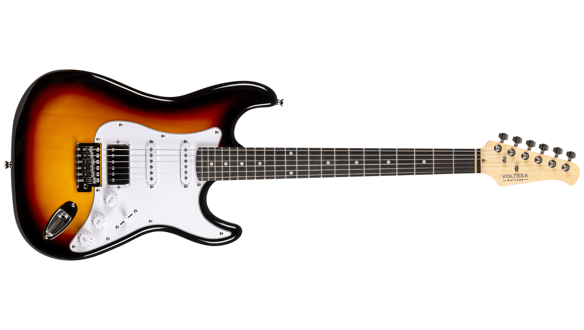 Full front view of the Voltera VS-400 SB electric guitar in Sunburst with a white pickguard and HSS pickup configuration.