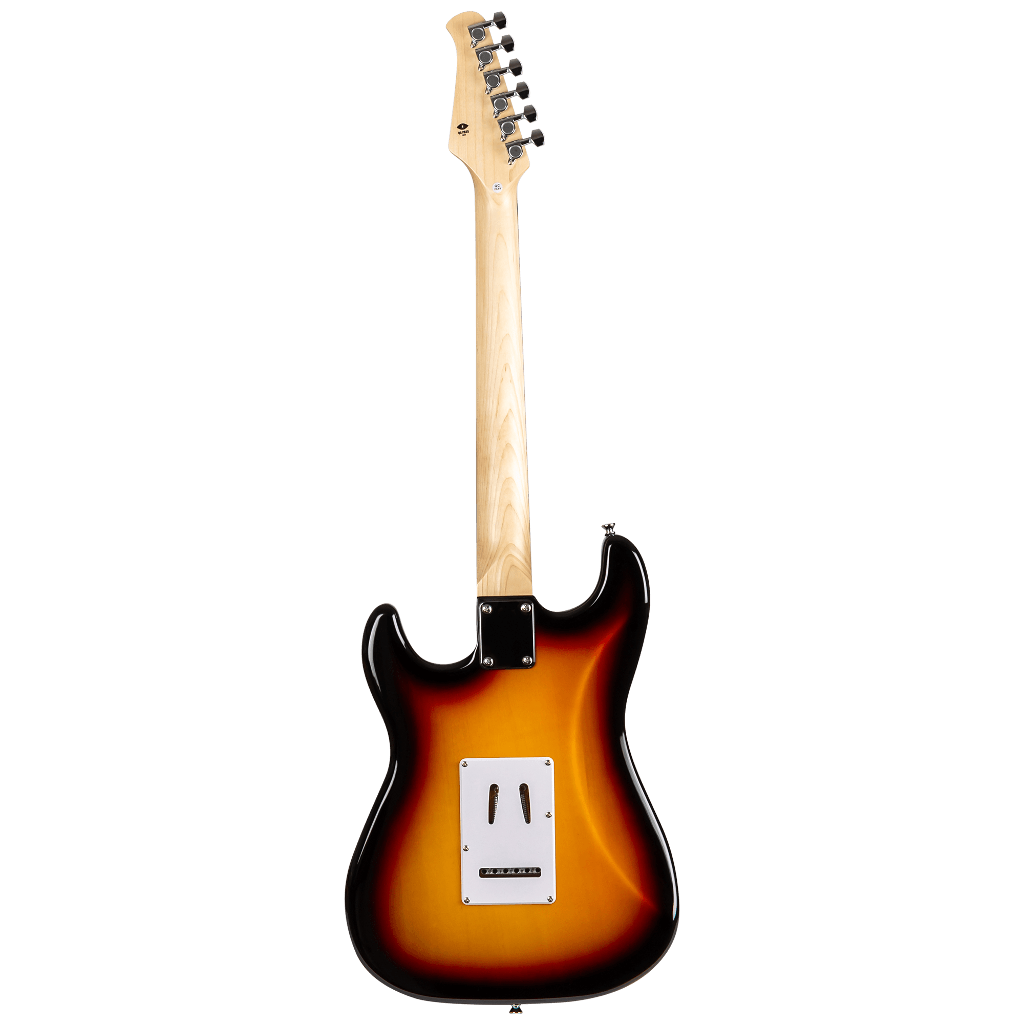 Back view of Voltera VS-400 SB Sunburst guitar showing the double-cutaway body and maple neck.