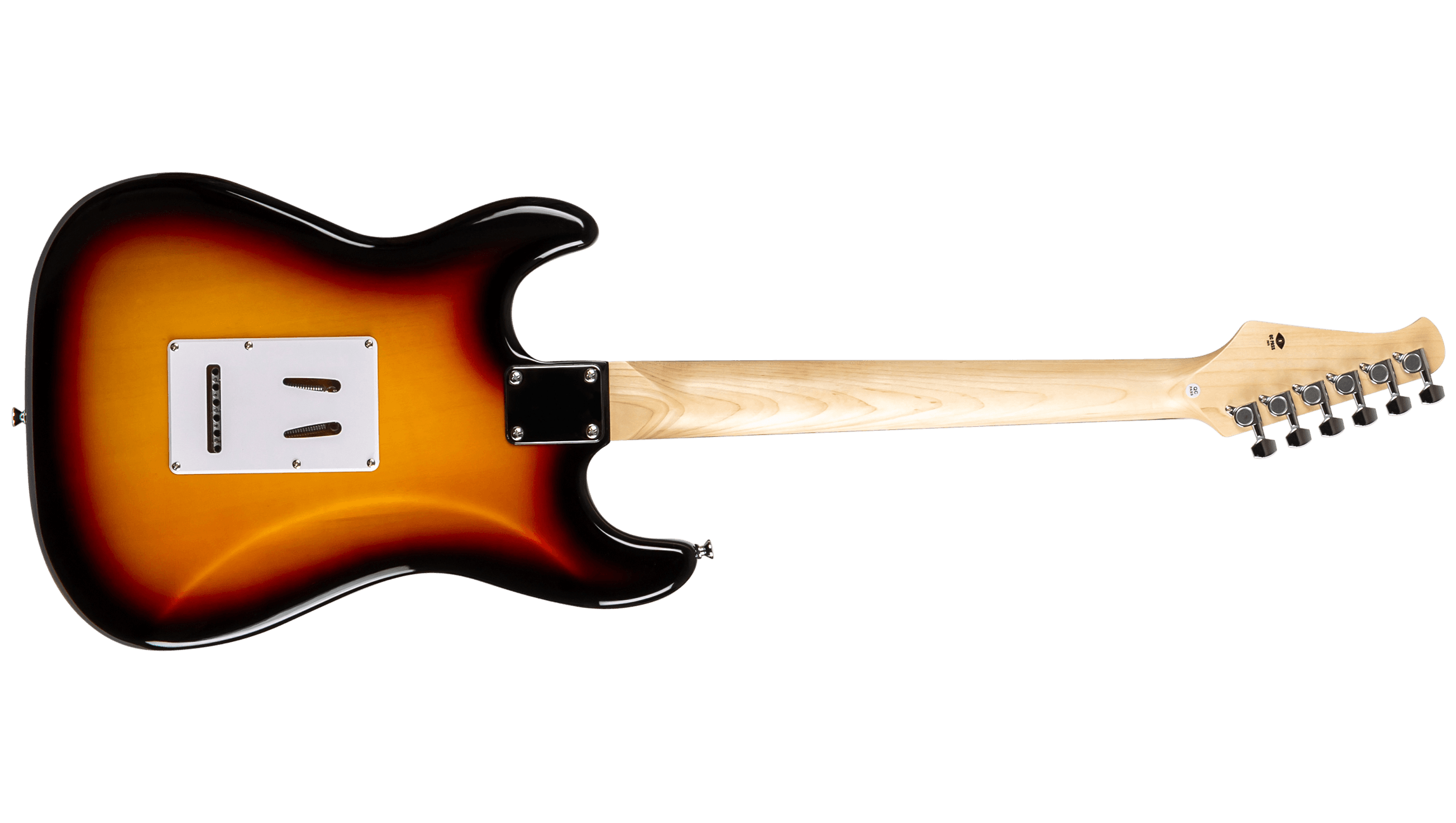 Rear view of the Voltera VS-400 SB electric guitar showing the bolt-on neck plate and tremolo cavity cover.