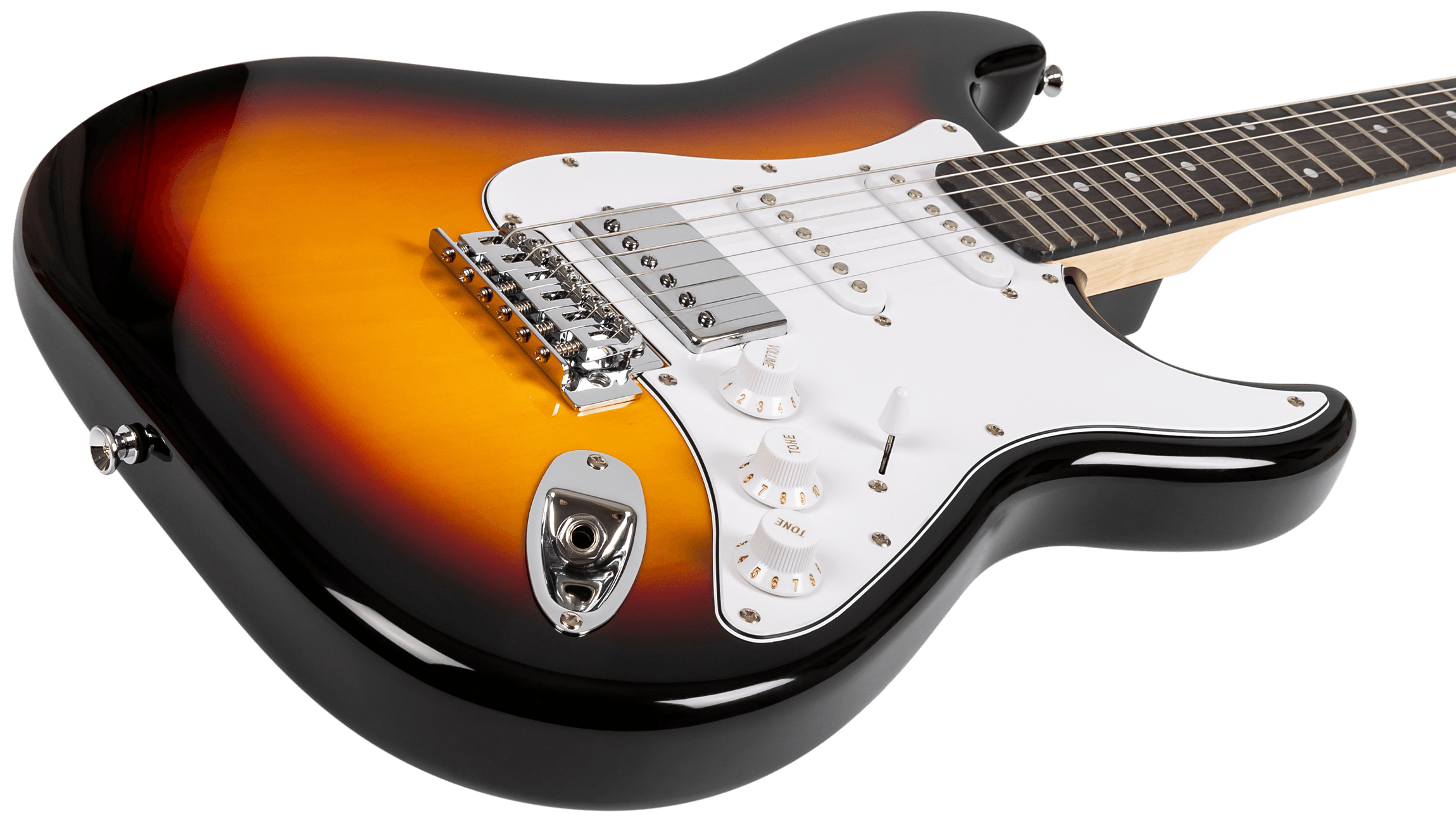 Close-up of the bridge humbucker and chrome hardware on the Sunburst Voltera VS-400 SB.