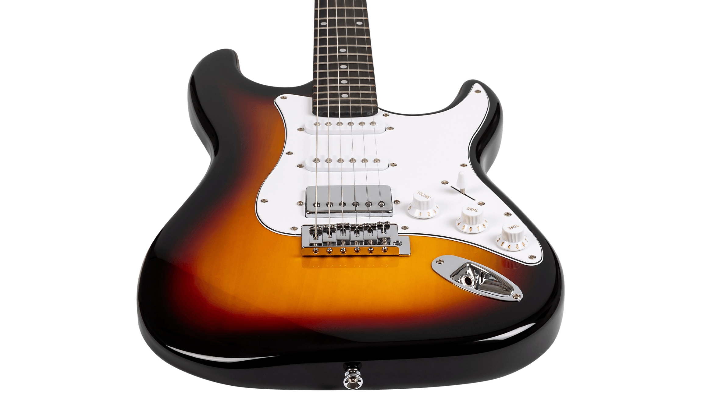 Bottom-up perspective of the Voltera VS-400 SB Sunburst showing the gloss finish and fretboard.