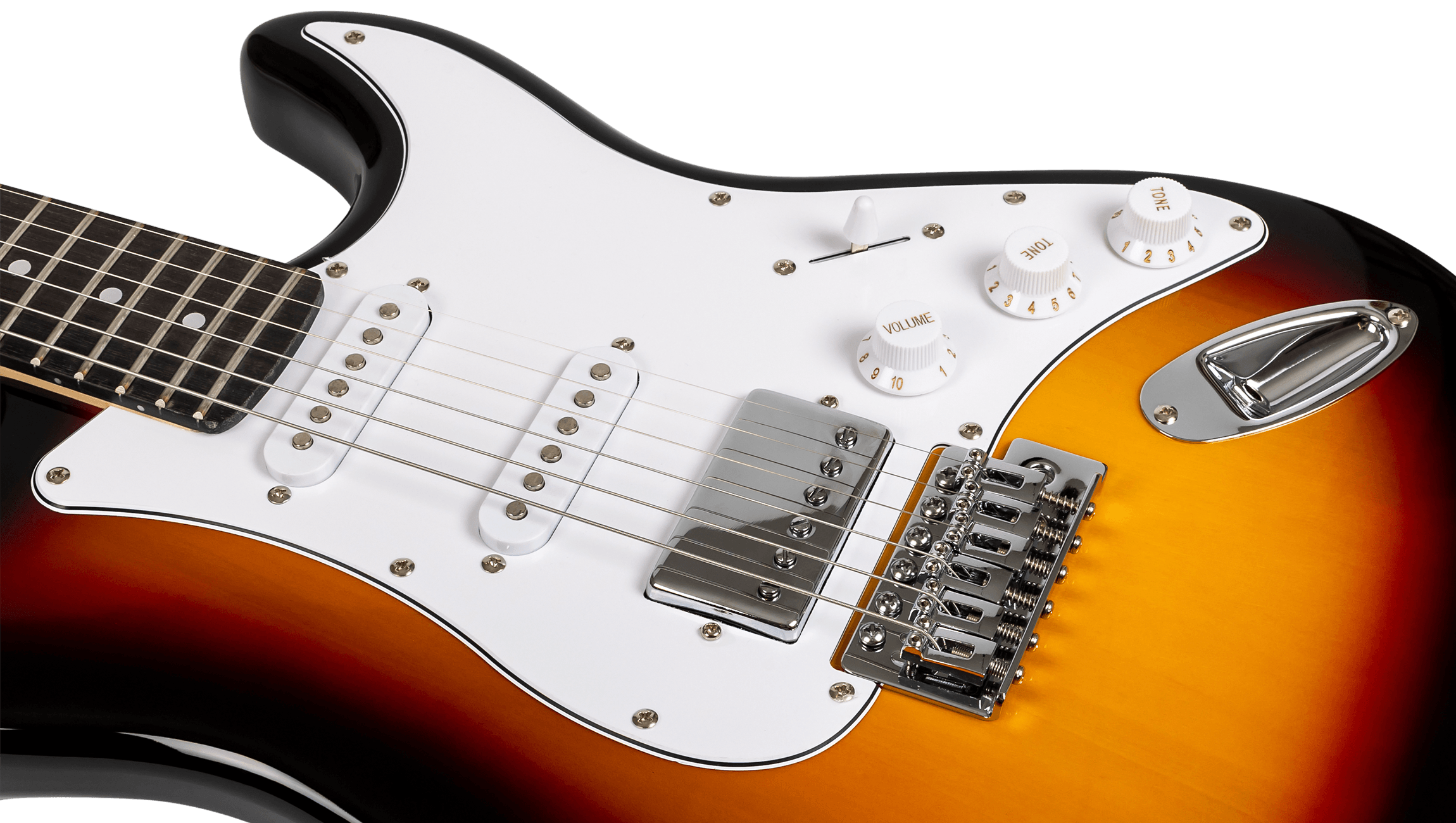 Close-up of the bridge humbucker and HSS pickups on a Sunburst Voltera VS-400 SB.