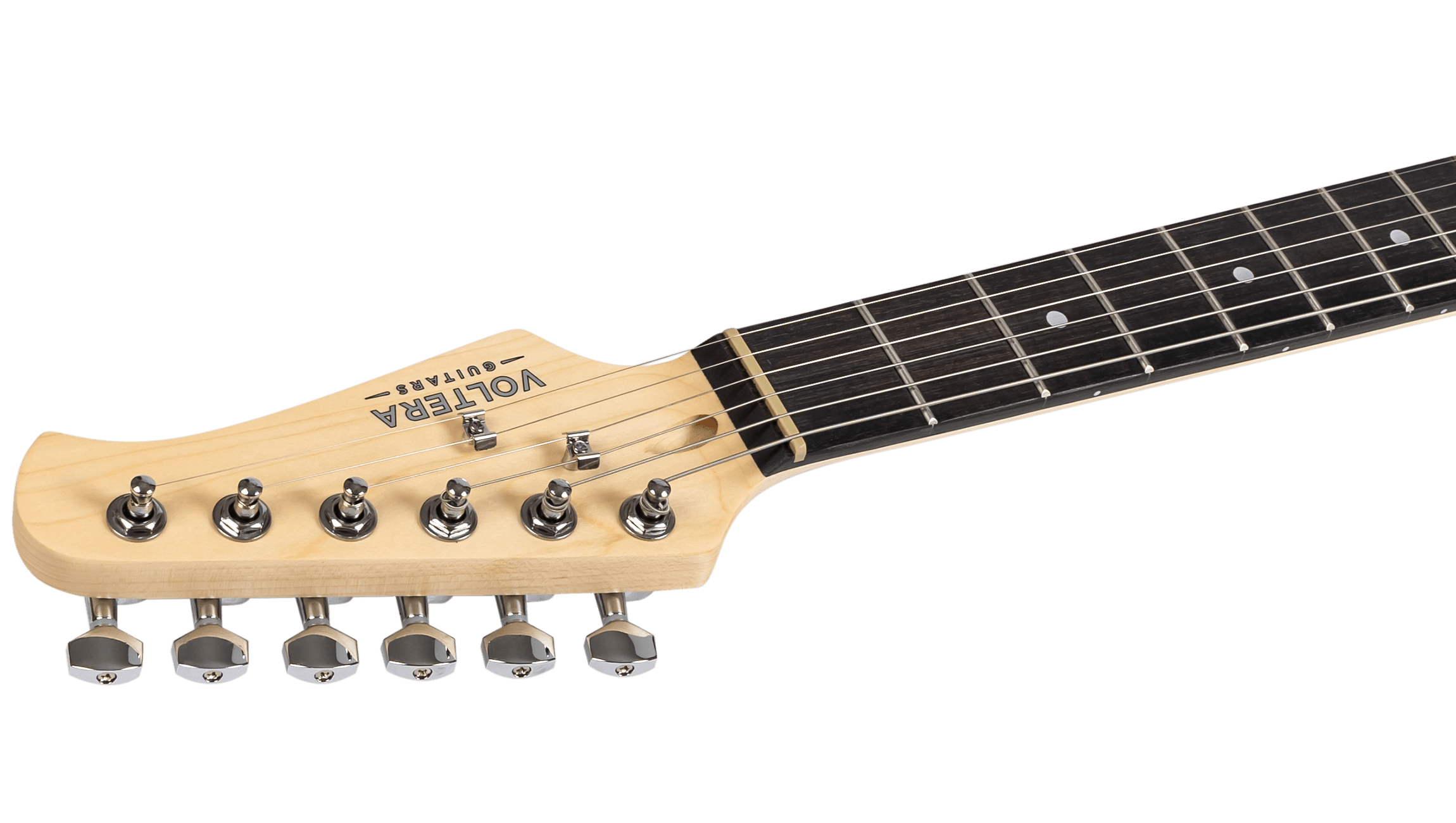 Side profile of the Voltera VS-400 SB headstock showing chrome die-cast tuning machines and maple neck grain.