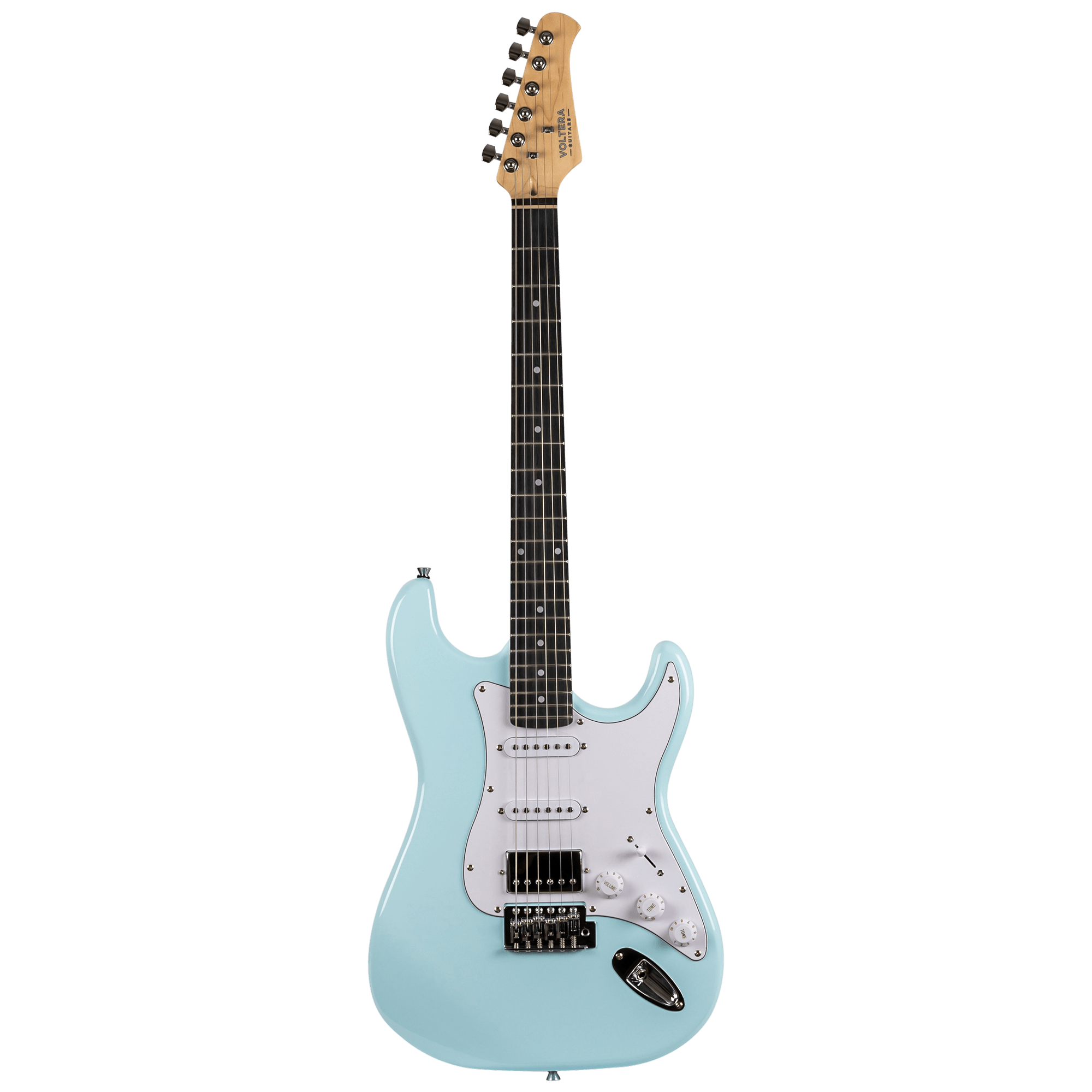 Voltera VS-400 SBL Sonic Blue electric guitar front view with HSS pickup configuration and white pickguard.
