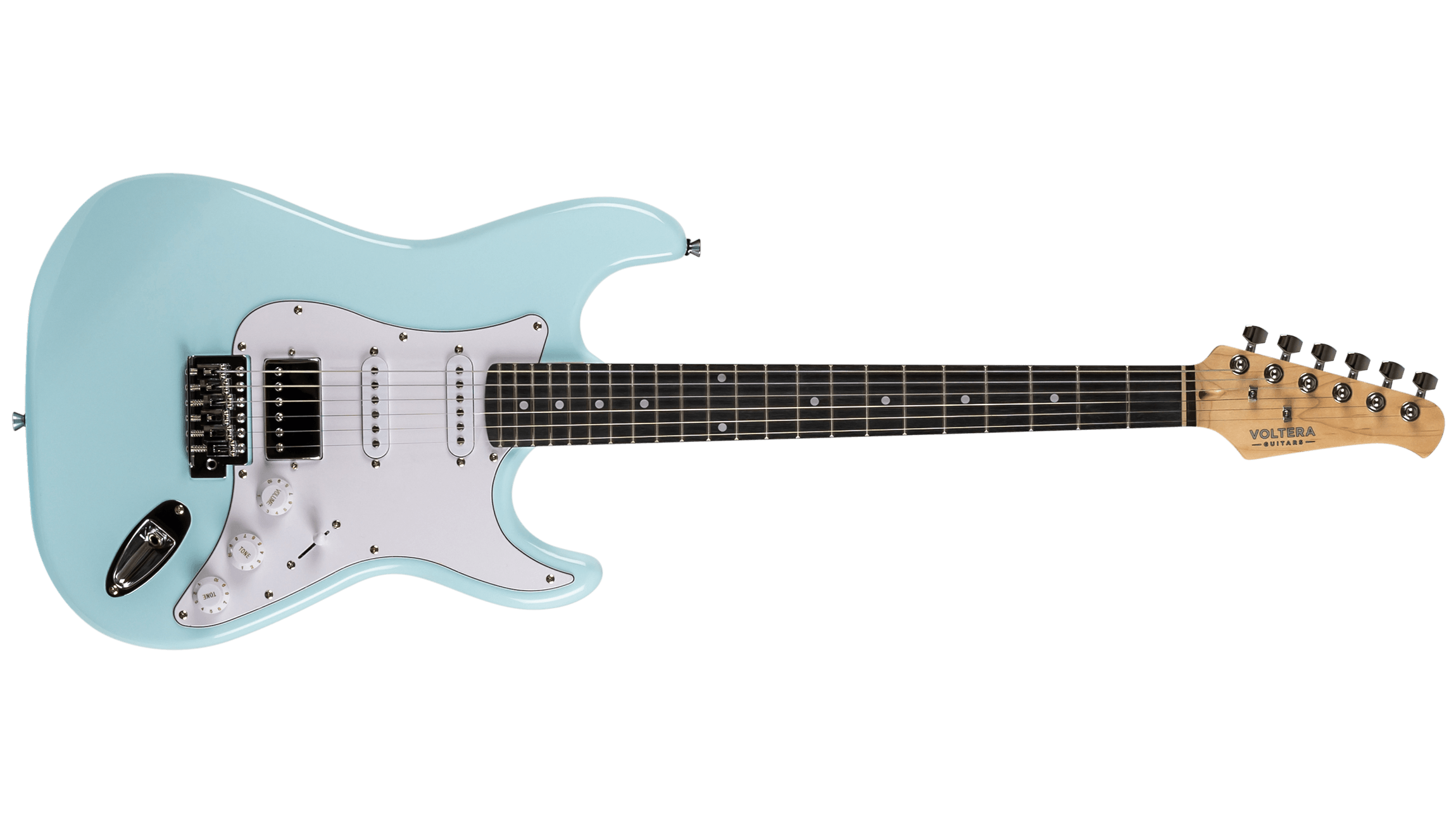 Full front view of the Voltera VS-400 SBL electric guitar in Sonic Blue with a white pickguard and HSS pickup configuration.